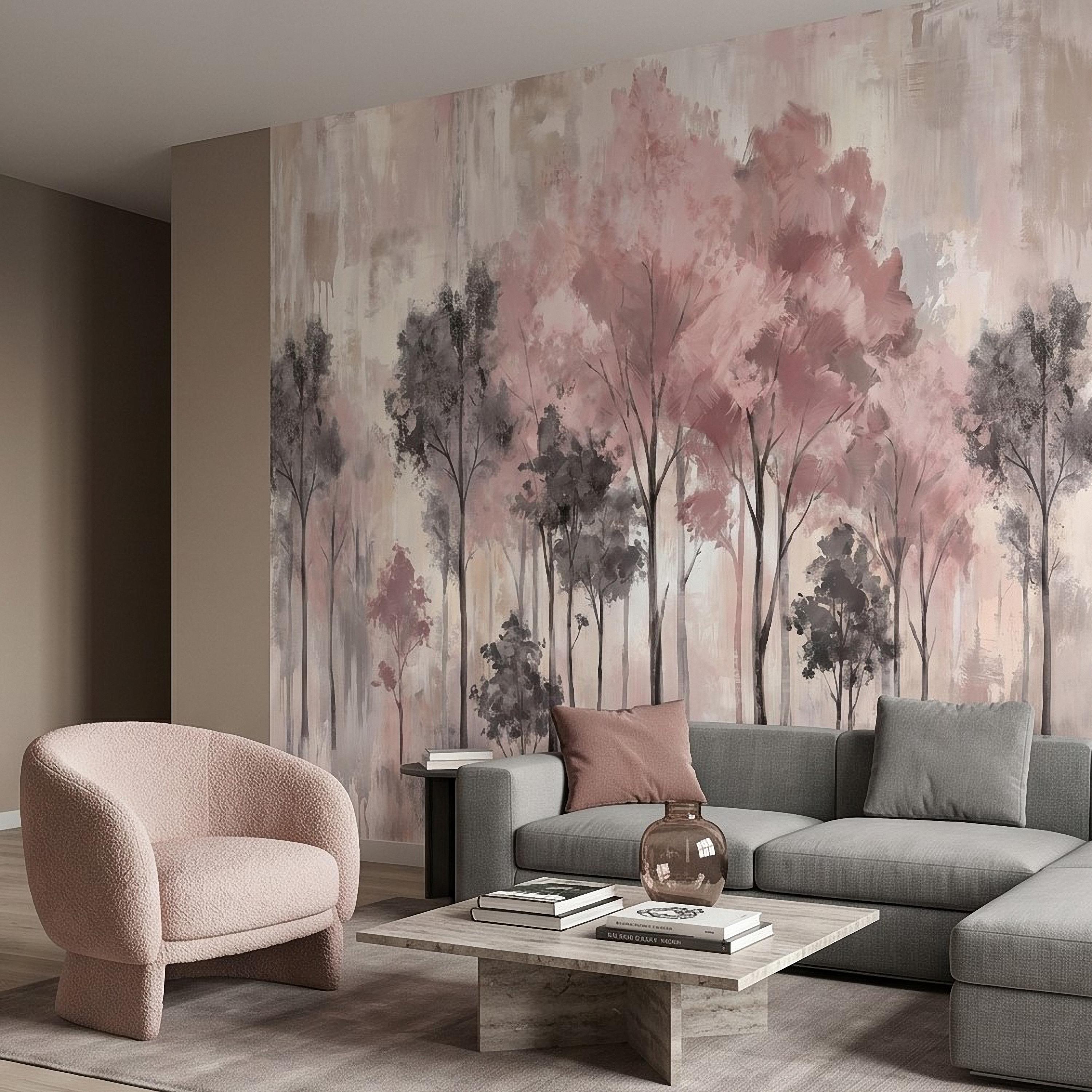 Blush Pink Forest Peel and Stick Wall Mural, Misty Woodland Trees, Soft Watercolor Nature Scene Feminine Wallpaper