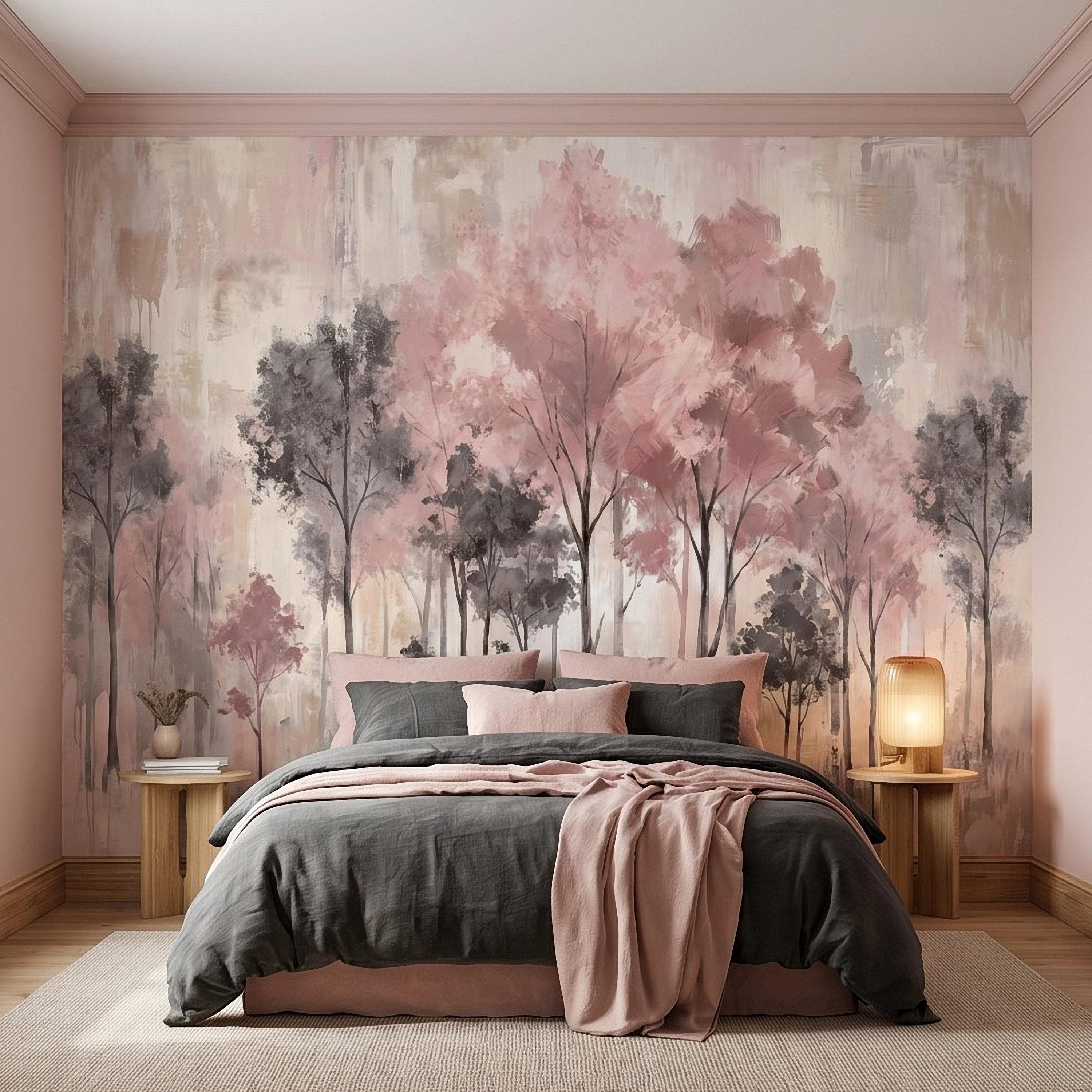 Blush Pink Forest Peel and Stick Wall Mural, Misty Woodland Trees, Soft Watercolor Nature Scene Feminine Wallpaper