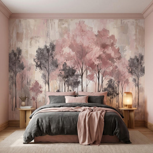 Blush pink watercolor woodland trees wall mural with misty, tall trunks and soft leaves
