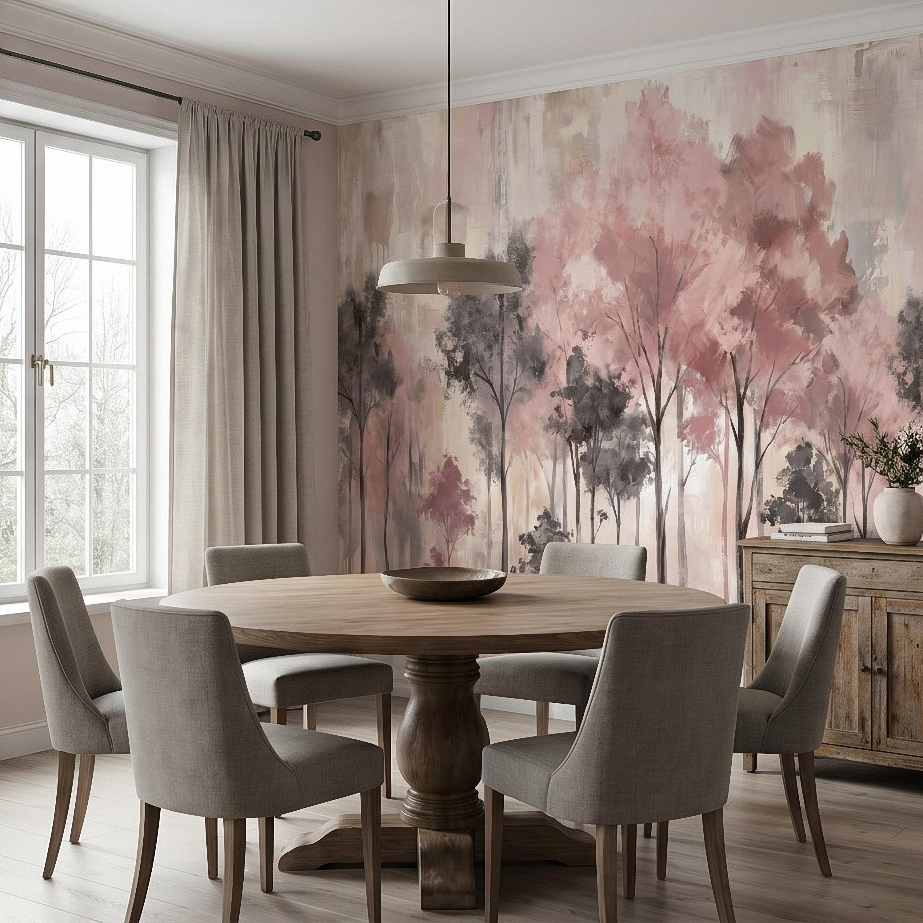 Blush Pink Forest Peel and Stick Wall Mural, Misty Woodland Trees, Soft Watercolor Nature Scene Feminine Wallpaper