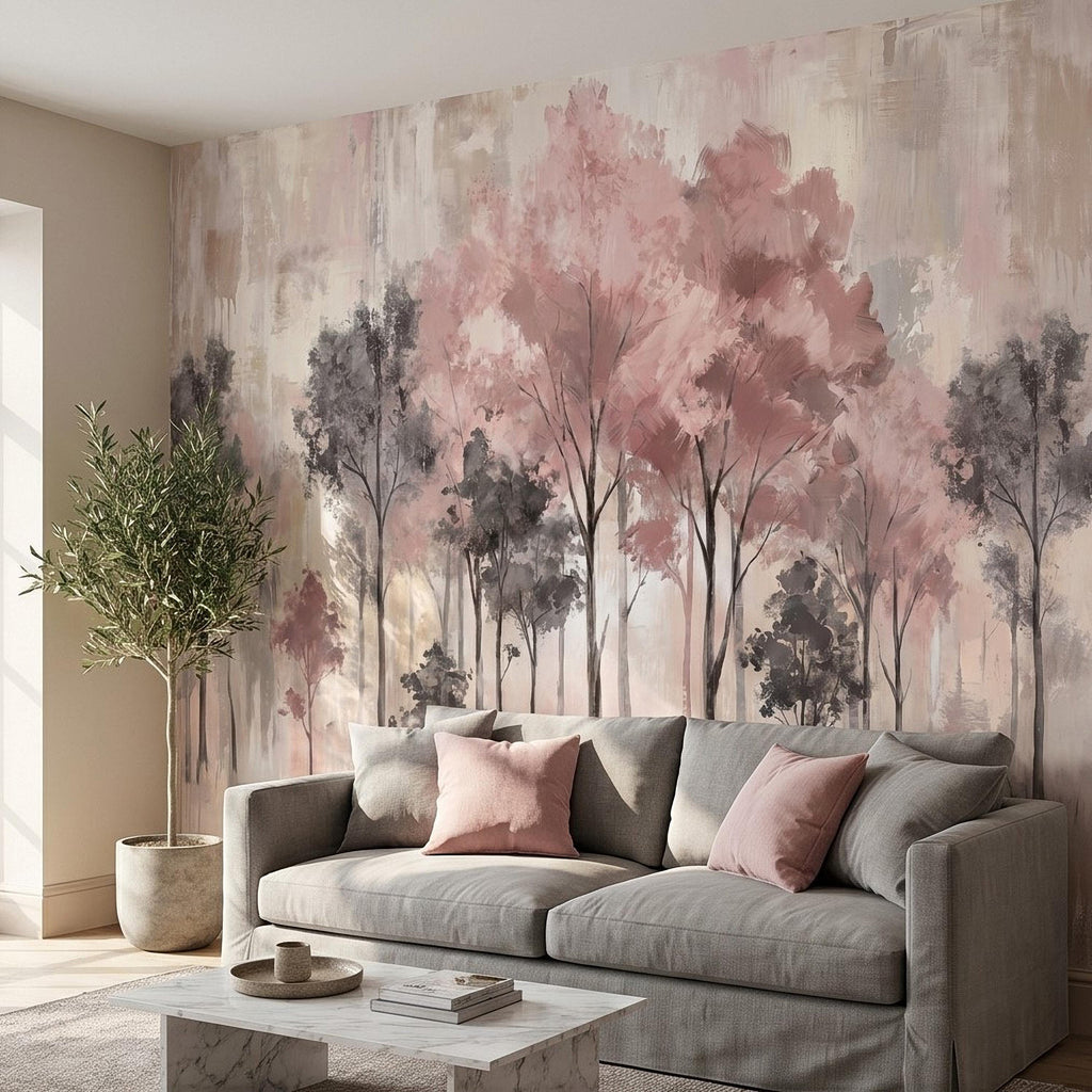 Blush Pink Forest Peel and Stick Wall Mural, Misty Woodland Trees, Soft Watercolor Nature Scene Feminine Wallpaper
