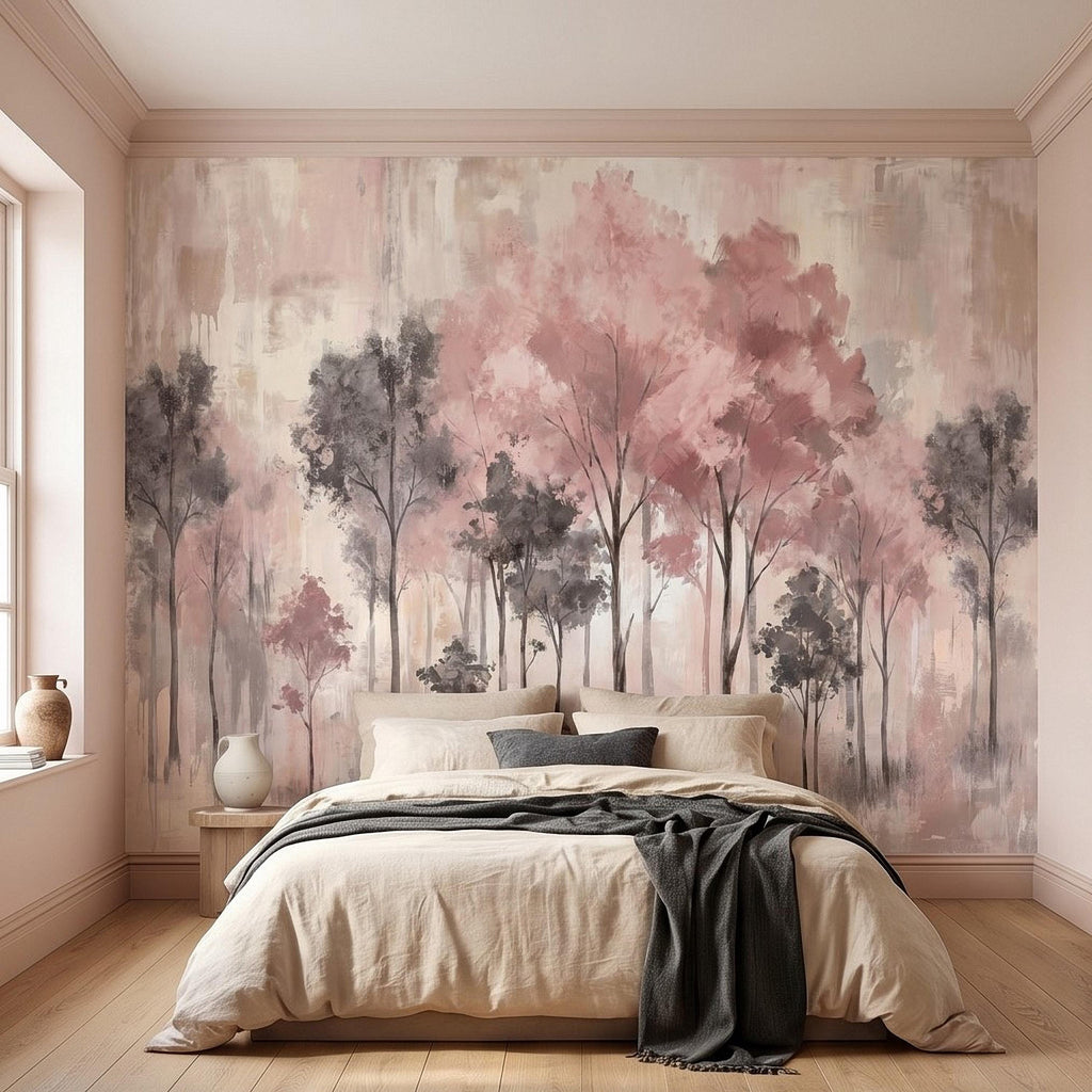 Blush Pink Forest Peel and Stick Wall Mural, Misty Woodland Trees, Soft Watercolor Nature Scene Feminine Wallpaper
