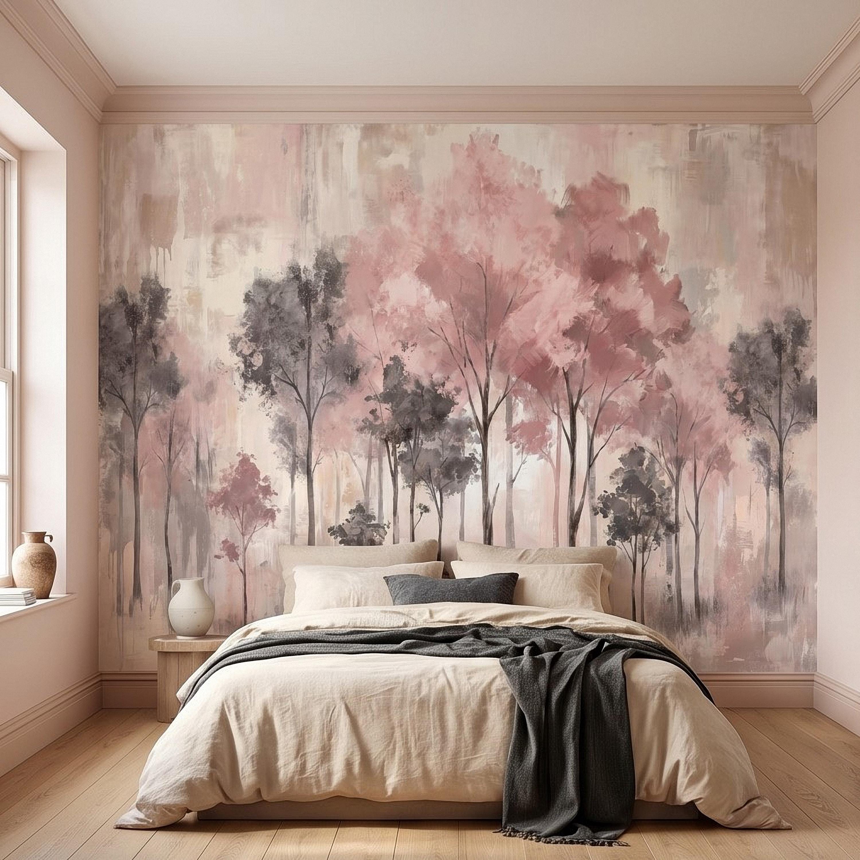 Blush Pink Forest Peel and Stick Wall Mural, Misty Woodland Trees, Soft Watercolor Nature Scene Feminine Wallpaper