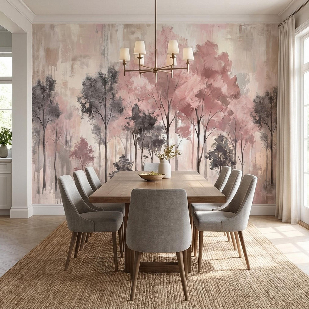 Blush Pink Forest Peel and Stick Wall Mural, Misty Woodland Trees, Soft Watercolor Nature Scene Feminine Wallpaper