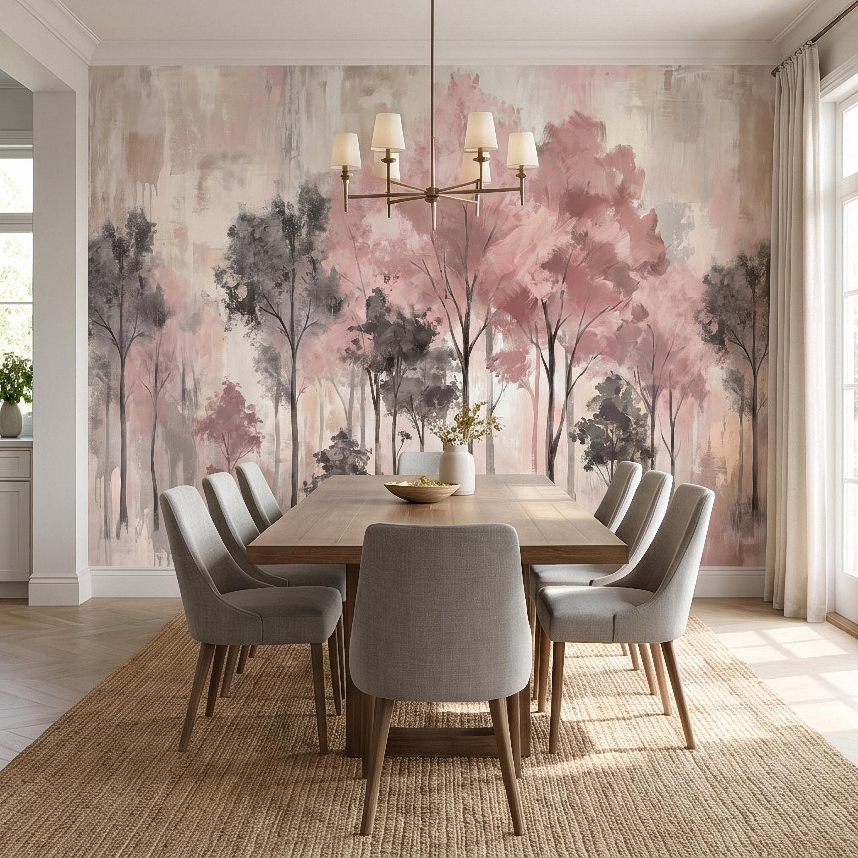 Blush Pink Forest Peel and Stick Wall Mural, Misty Woodland Trees, Soft Watercolor Nature Scene Feminine Wallpaper
