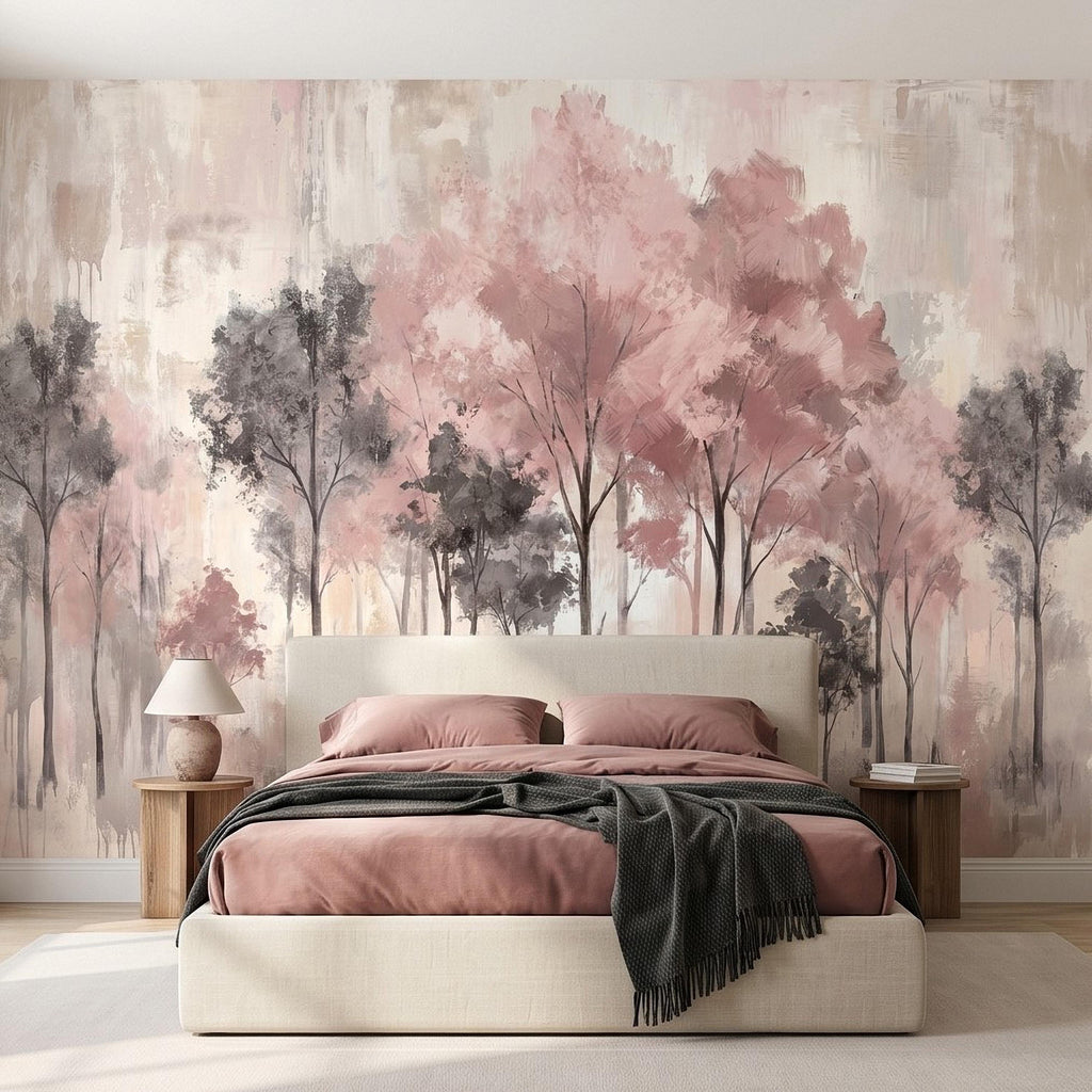 Blush Pink Forest Peel and Stick Wall Mural, Misty Woodland Trees, Soft Watercolor Nature Scene Feminine Wallpaper