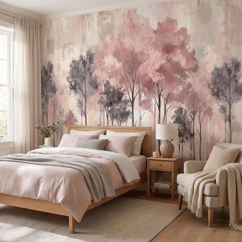 Blush Pink Forest Peel and Stick Wall Mural, Misty Woodland Trees, Soft Watercolor Nature Scene Feminine Wallpaper