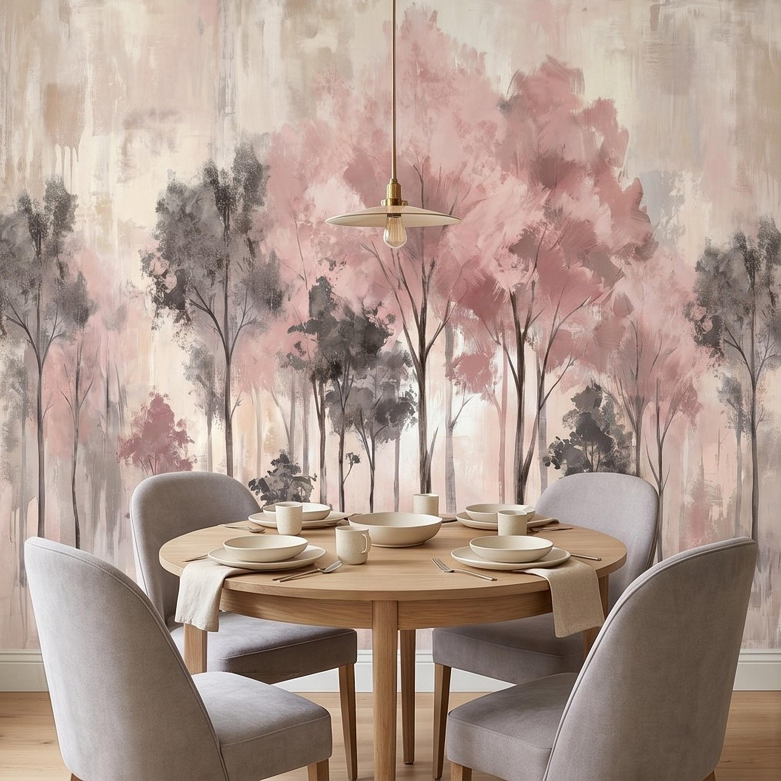 Blush Pink Forest Peel and Stick Wall Mural, Misty Woodland Trees, Soft Watercolor Nature Scene Feminine Wallpaper