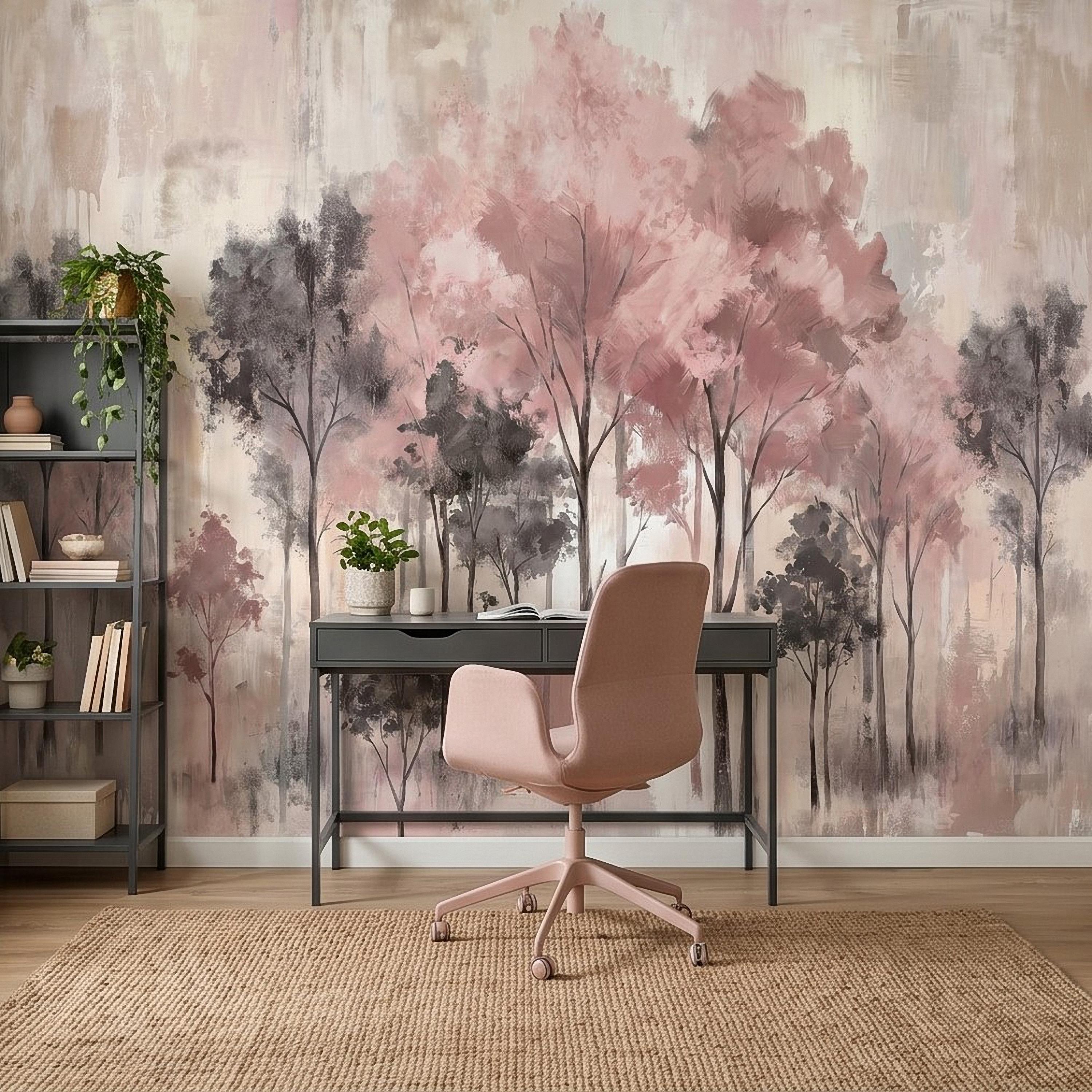 Blush Pink Forest Peel and Stick Wall Mural, Misty Woodland Trees, Soft Watercolor Nature Scene Feminine Wallpaper