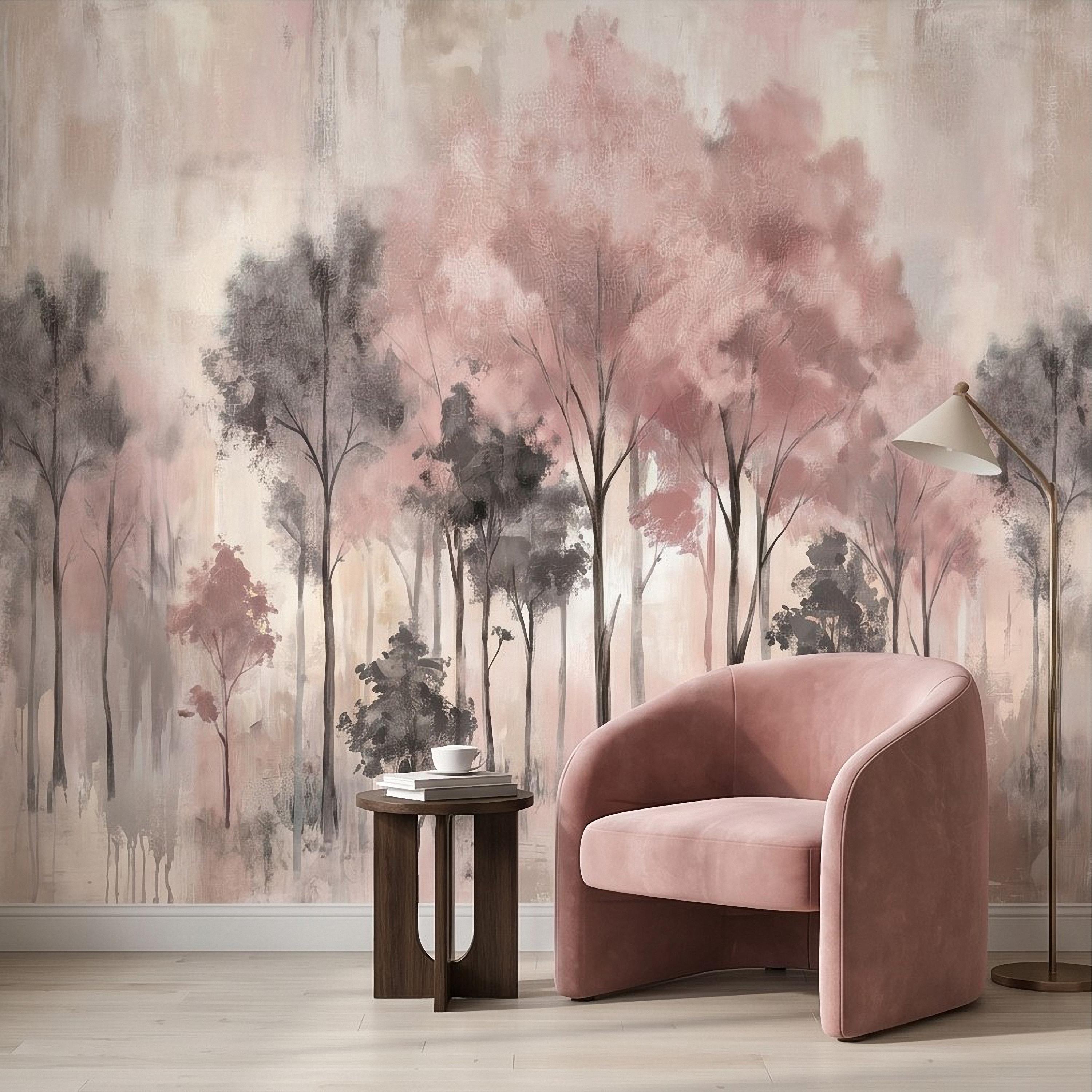 Blush Pink Forest Peel and Stick Wall Mural, Misty Woodland Trees, Soft Watercolor Nature Scene Feminine Wallpaper