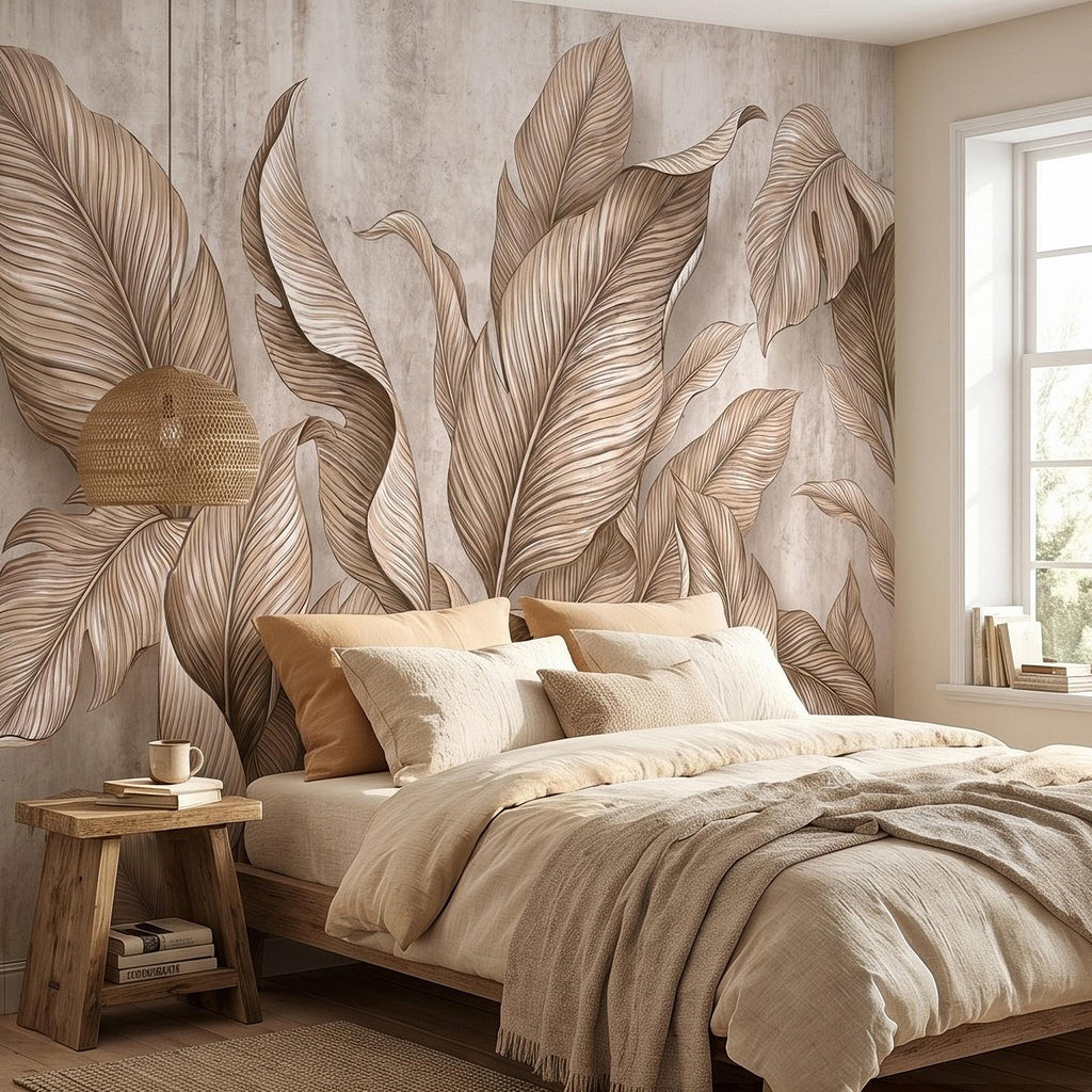 Neutral Tropical Leaves Peel and Stick Wall Mural, Textured Botanical Foliage, Beige Palm and Banana Leaves Organic Wallpaper