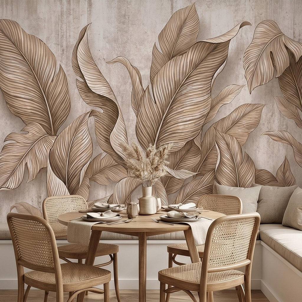 Neutral Tropical Leaves Peel and Stick Wall Mural, Textured Botanical Foliage, Beige Palm and Banana Leaves Organic Wallpaper