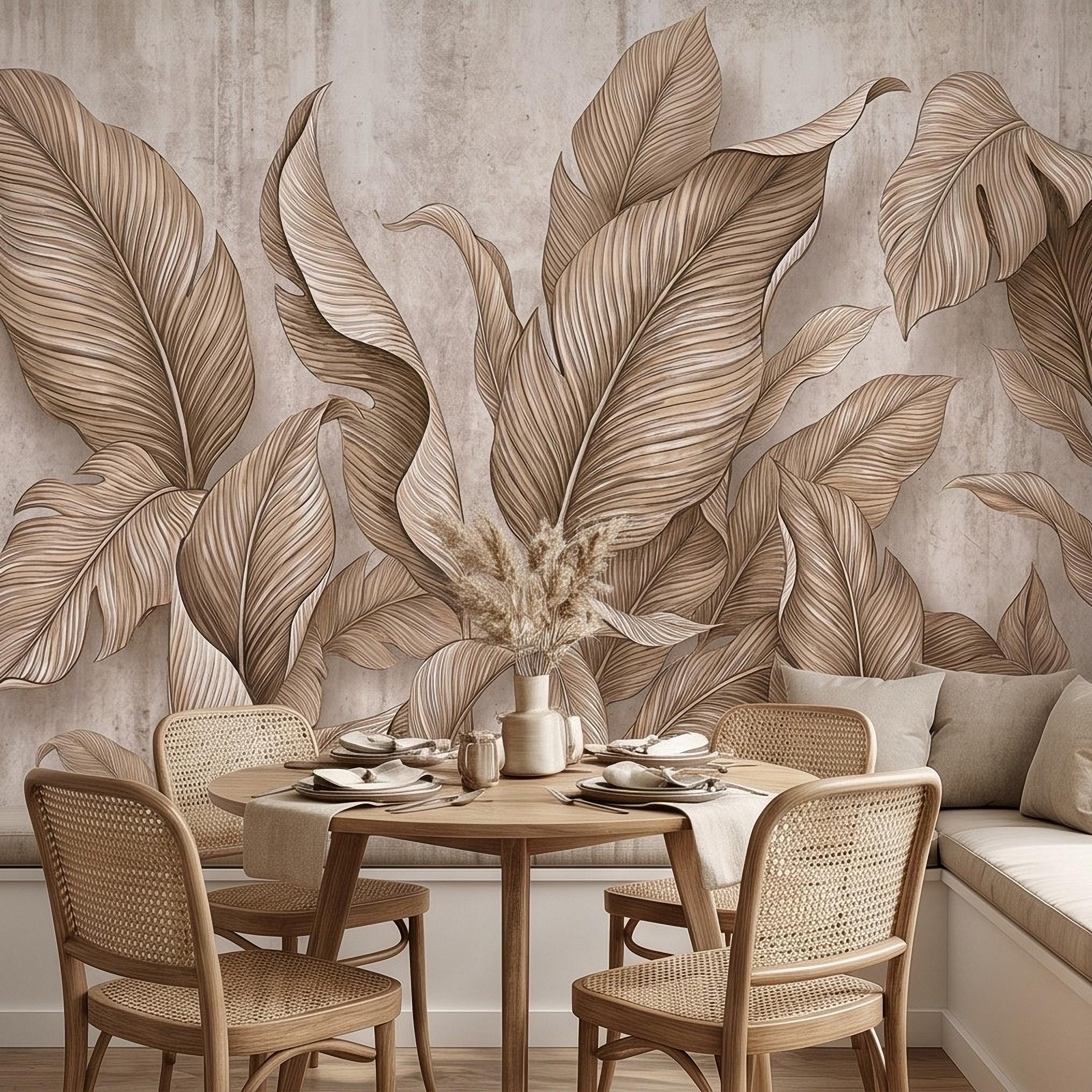 Neutral Tropical Leaves Peel and Stick Wall Mural, Textured Botanical Foliage, Beige Palm and Banana Leaves Organic Wallpaper