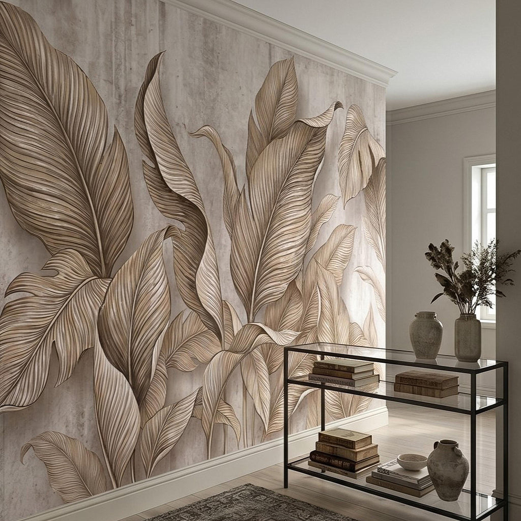 Neutral Tropical Leaves Peel and Stick Wall Mural, Textured Botanical Foliage, Beige Palm and Banana Leaves Organic Wallpaper