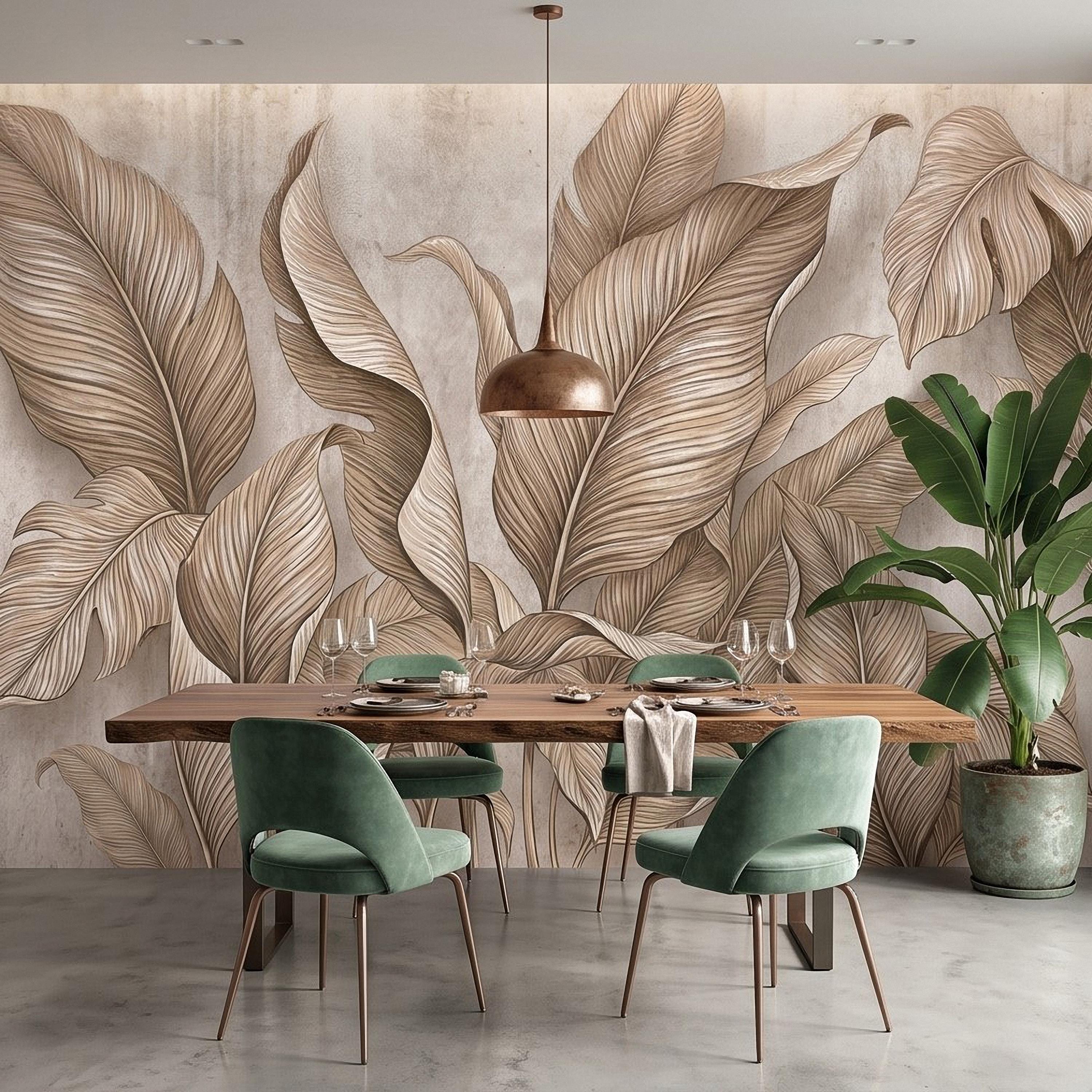 Neutral Tropical Leaves Peel and Stick Wall Mural, Textured Botanical Foliage, Beige Palm and Banana Leaves Organic Wallpaper