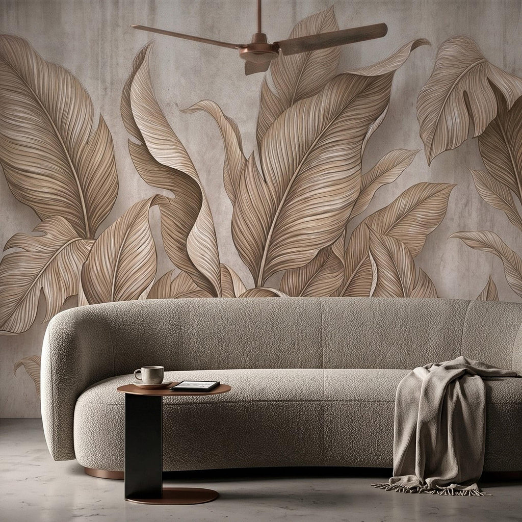 Neutral Tropical Leaves Peel and Stick Wall Mural, Textured Botanical Foliage, Beige Palm and Banana Leaves Organic Wallpaper