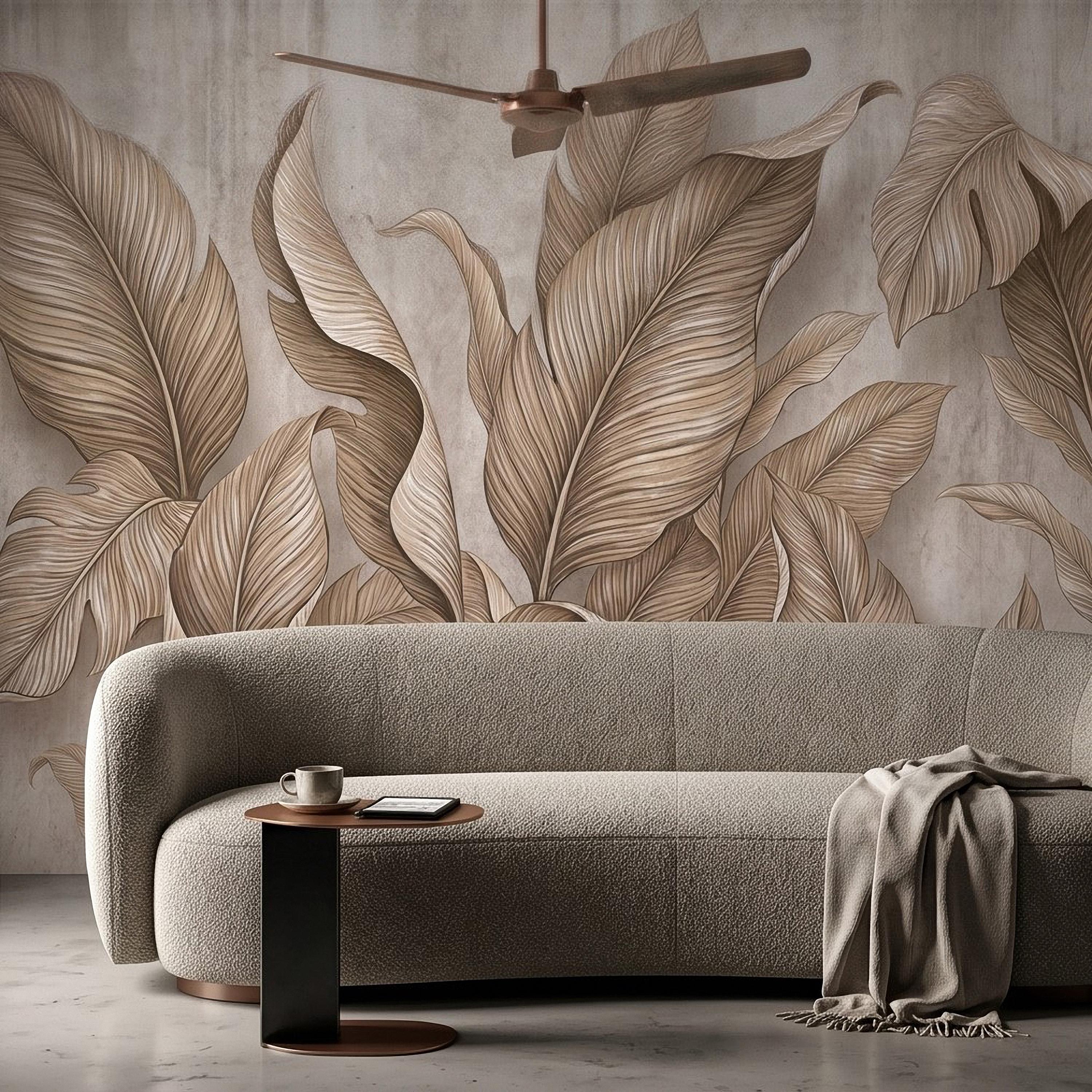Neutral Tropical Leaves Peel and Stick Wall Mural, Textured Botanical Foliage, Beige Palm and Banana Leaves Organic Wallpaper