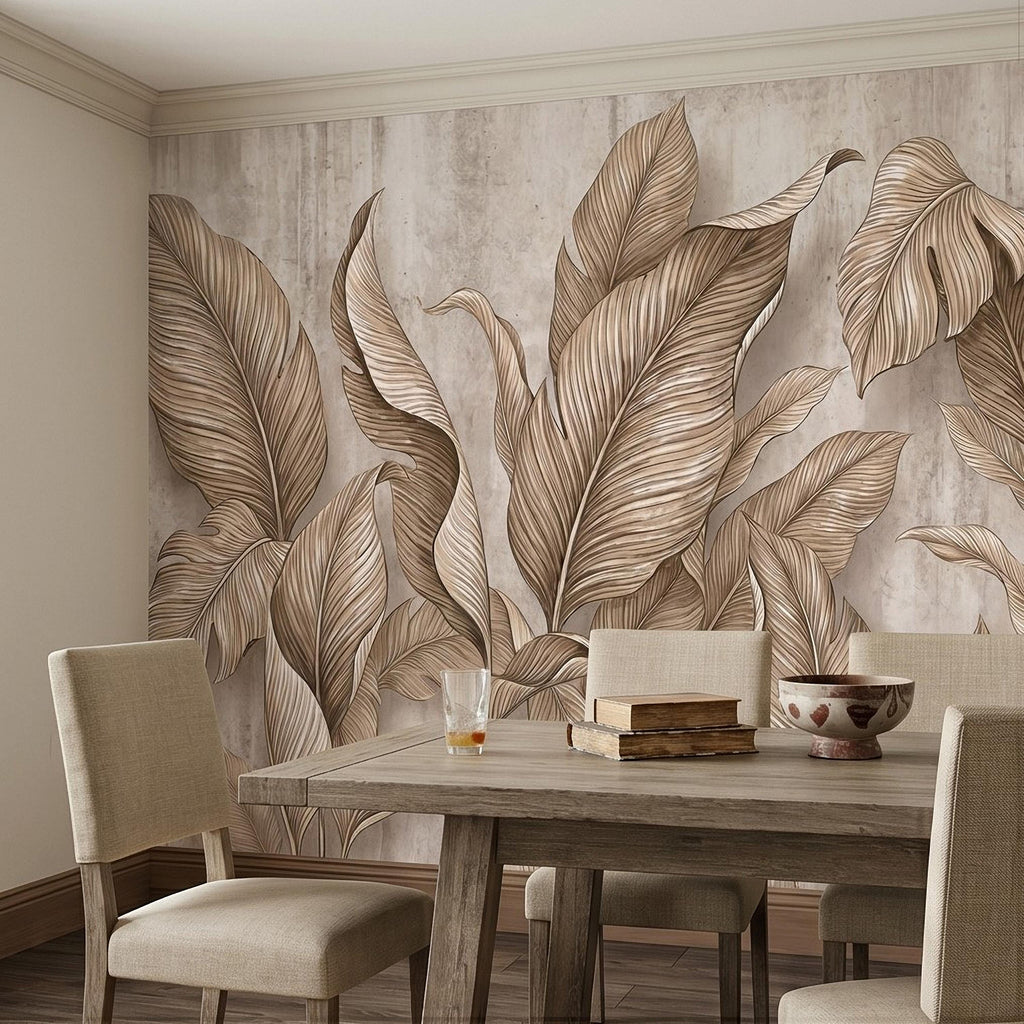 Neutral Tropical Leaves Peel and Stick Wall Mural, Textured Botanical Foliage, Beige Palm and Banana Leaves Organic Wallpaper