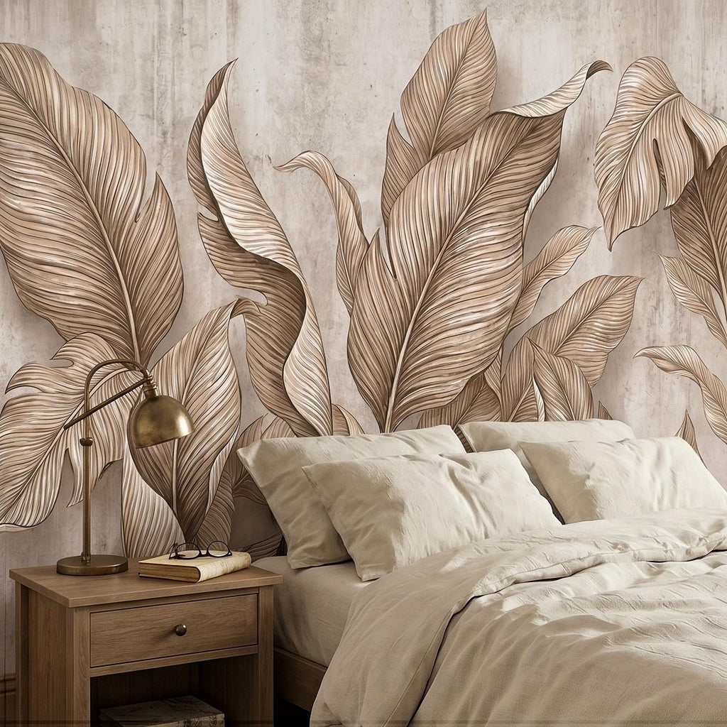 Neutral Tropical Leaves Peel and Stick Wall Mural, Textured Botanical Foliage, Beige Palm and Banana Leaves Organic Wallpaper