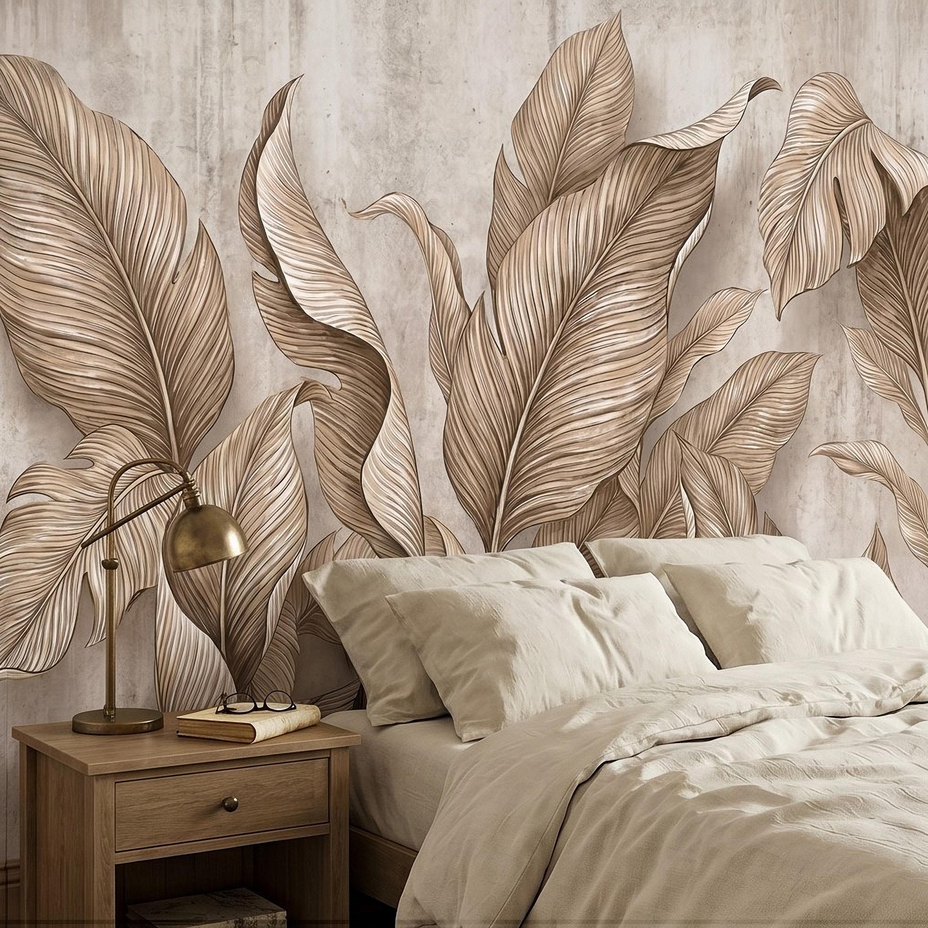 Neutral Tropical Leaves Peel and Stick Wall Mural, Textured Botanical Foliage, Beige Palm and Banana Leaves Organic Wallpaper
