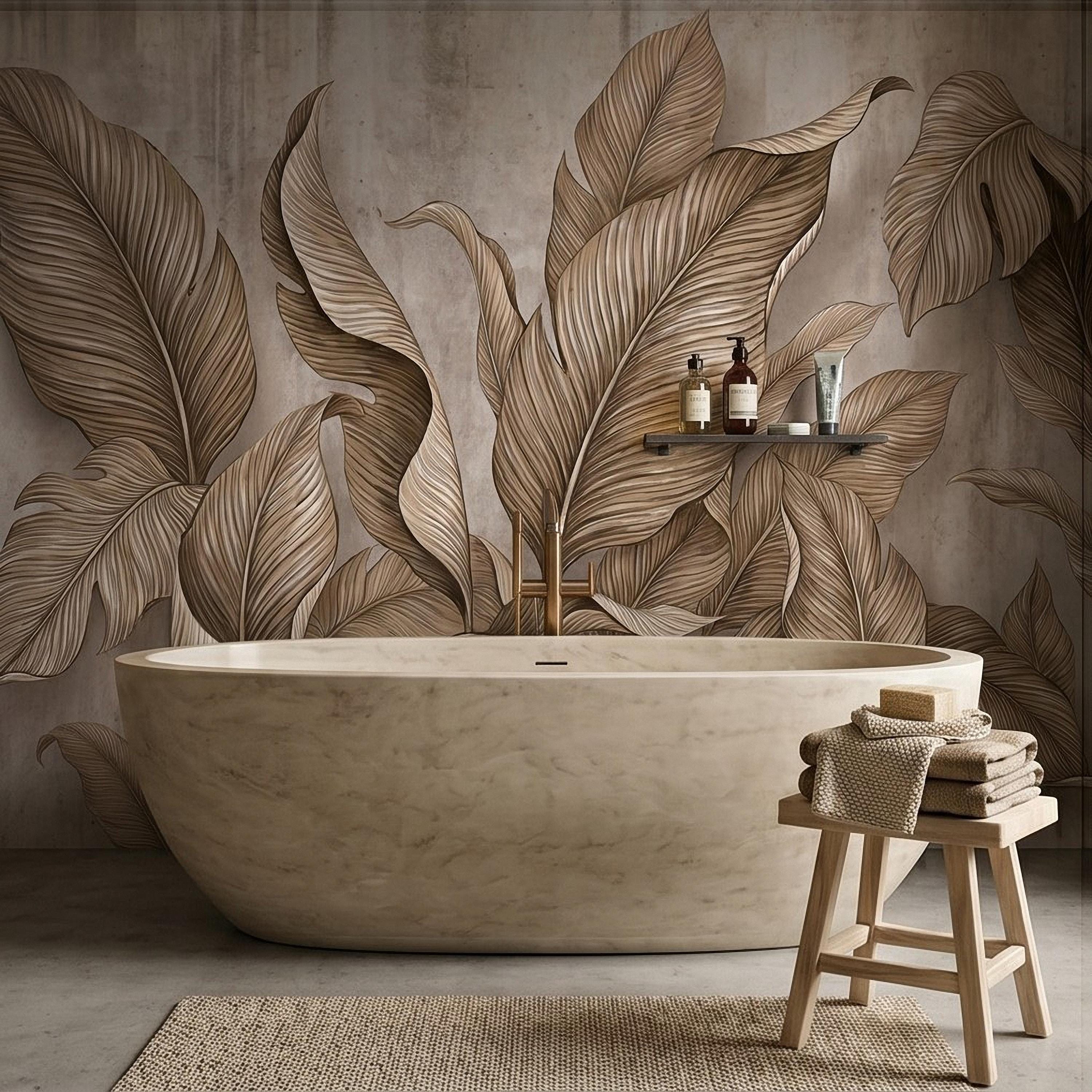 Neutral Tropical Leaves Peel and Stick Wall Mural, Textured Botanical Foliage, Beige Palm and Banana Leaves Organic Wallpaper