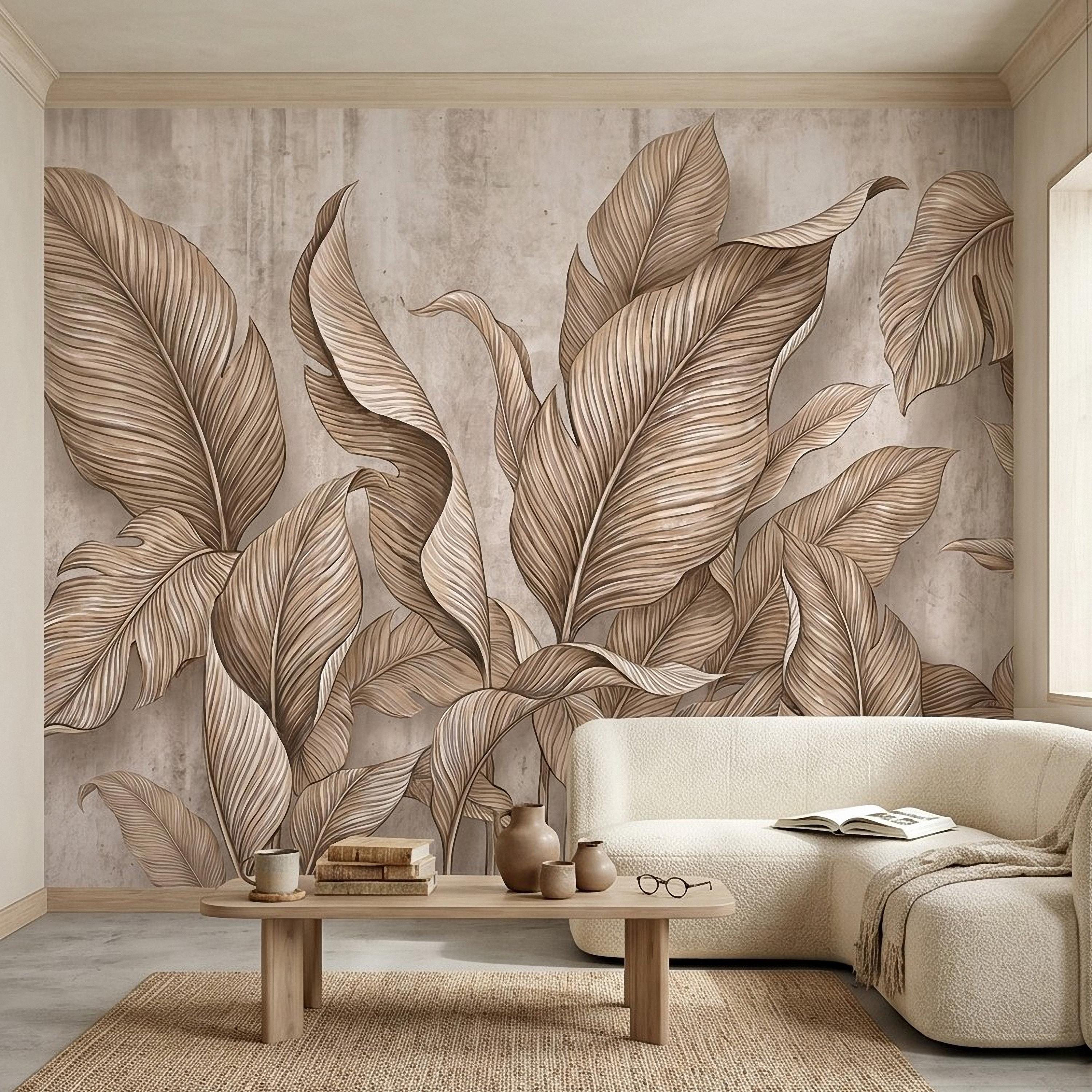 Neutral Tropical Leaves Peel and Stick Wall Mural, Textured Botanical Foliage, Beige Palm and Banana Leaves Organic Wallpaper