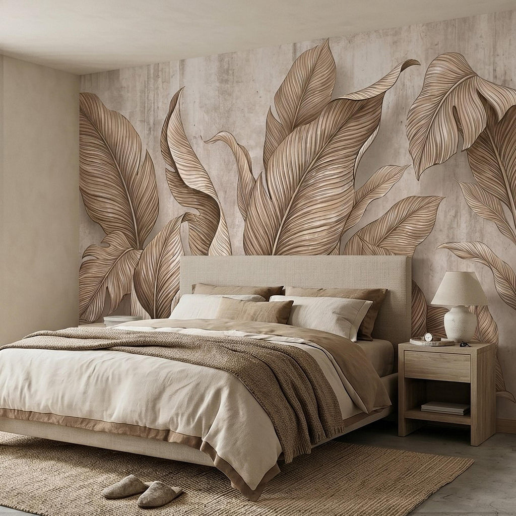 Neutral Tropical Leaves Peel and Stick Wall Mural, Textured Botanical Foliage, Beige Palm and Banana Leaves Organic Wallpaper