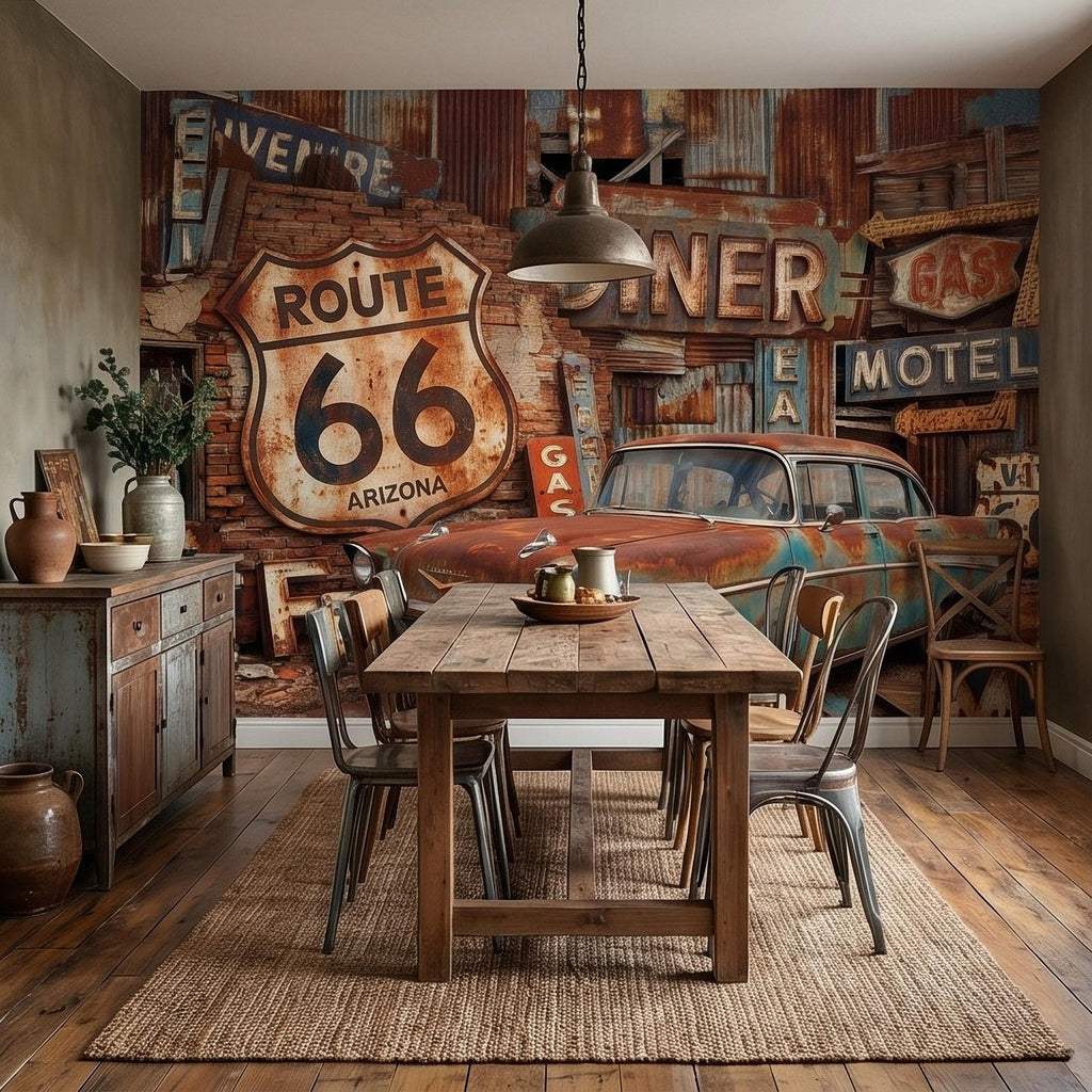 Vintage Route 66 Peel and Stick Wall Mural, Classic American Car with Retro Road Signs, Rustic Garage Man Cave Wallpaper