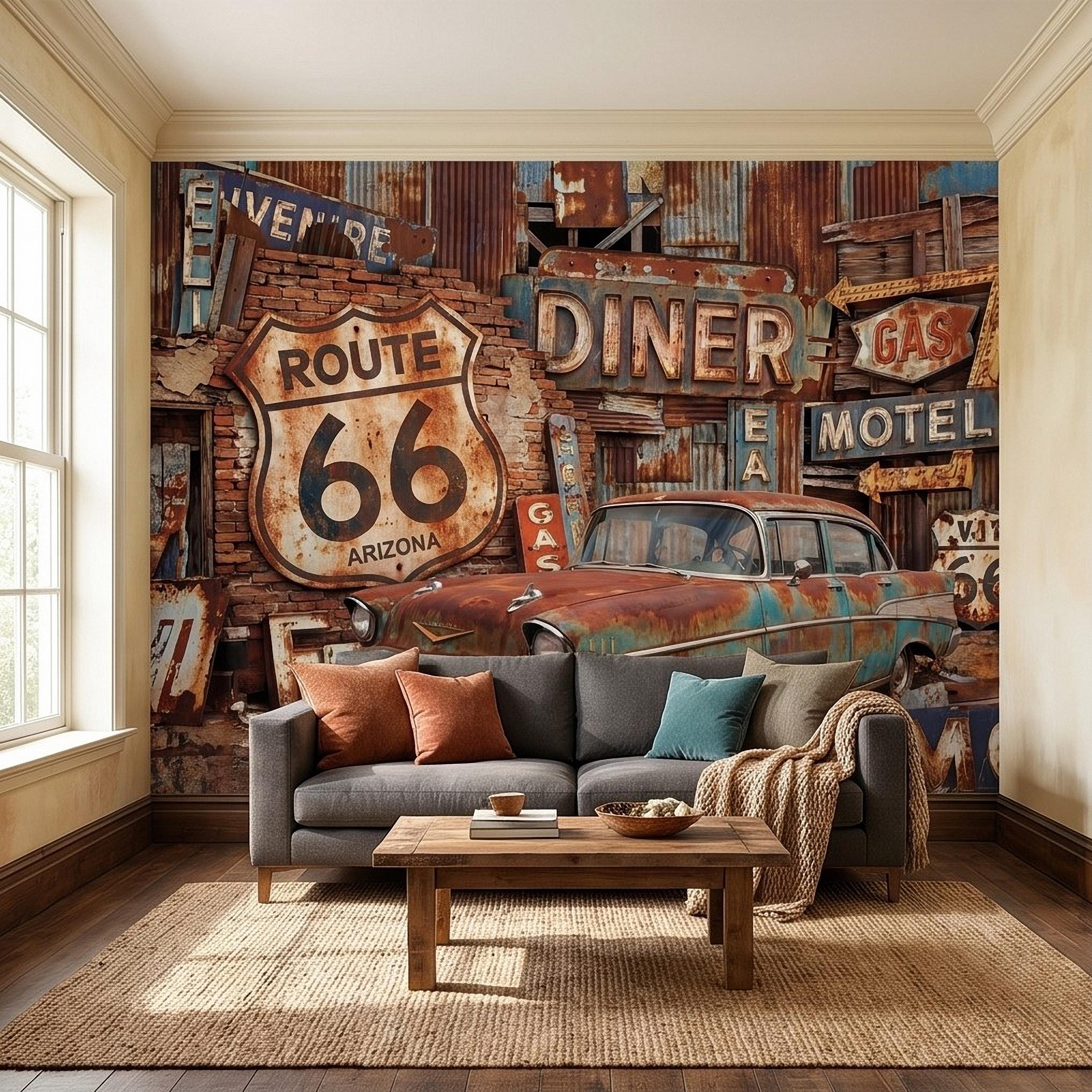 Vintage Route 66 Peel and Stick Wall Mural, Classic American Car with Retro Road Signs, Rustic Garage Man Cave Wallpaper
