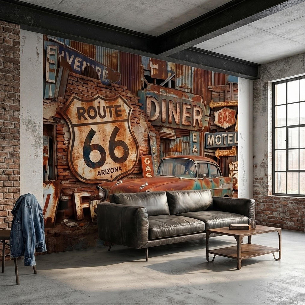 Vintage Route 66 Peel and Stick Wall Mural, Classic American Car with Retro Road Signs, Rustic Garage Man Cave Wallpaper