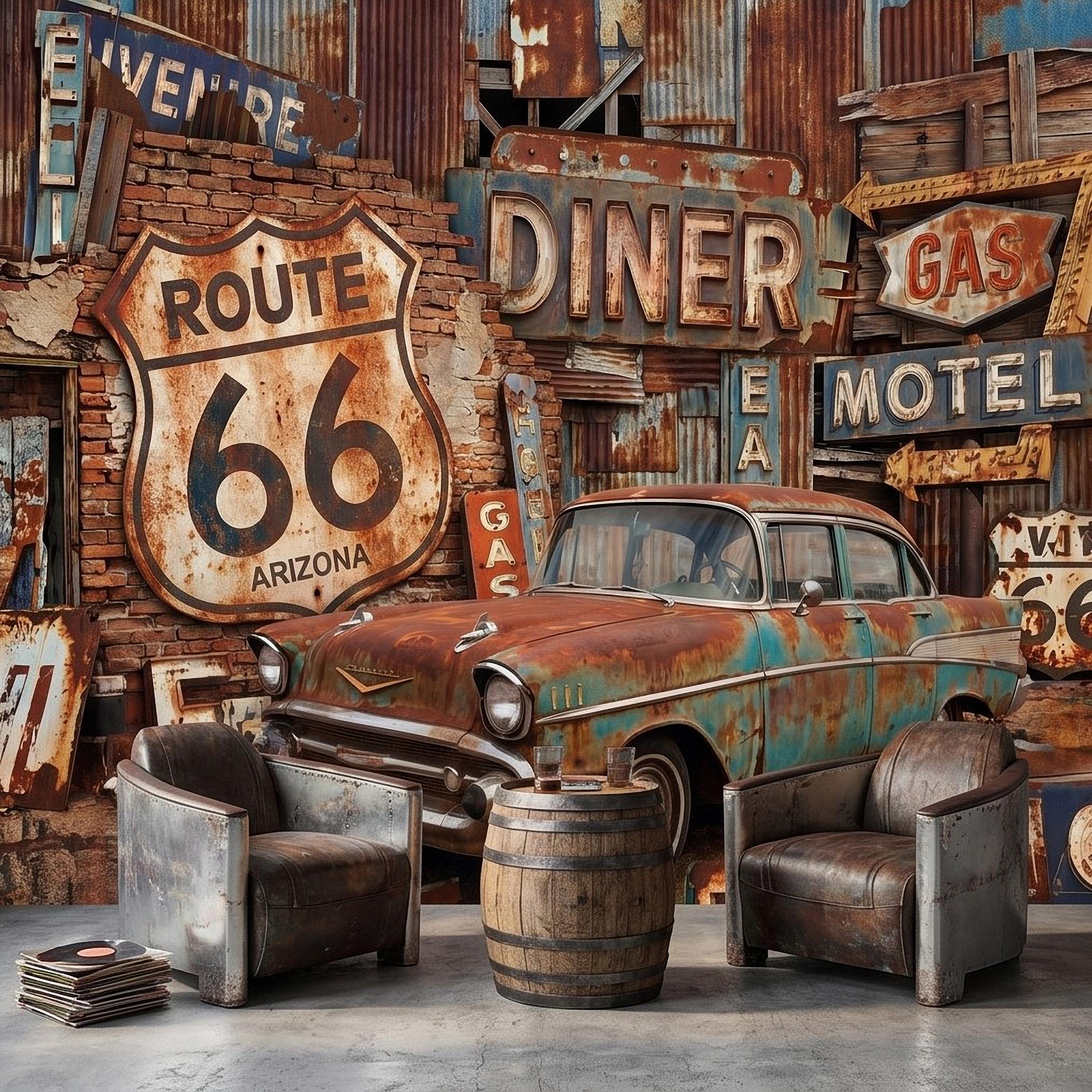 Vintage Route 66 Peel and Stick Wall Mural, Classic American Car with Retro Road Signs, Rustic Garage Man Cave Wallpaper