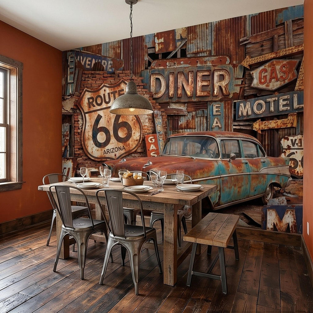 Vintage Route 66 Peel and Stick Wall Mural, Classic American Car with Retro Road Signs, Rustic Garage Man Cave Wallpaper