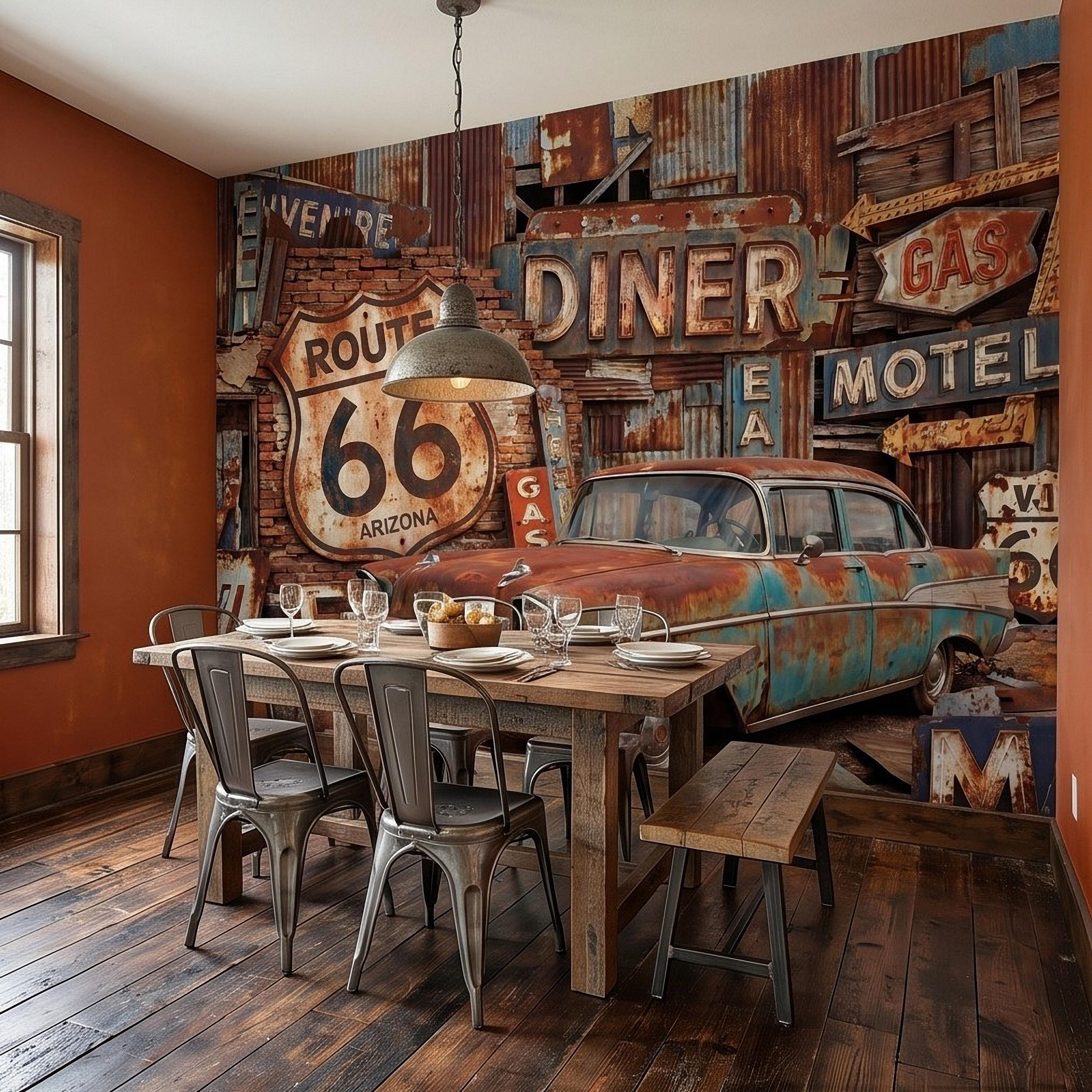 Vintage Route 66 Peel and Stick Wall Mural, Classic American Car with Retro Road Signs, Rustic Garage Man Cave Wallpaper
