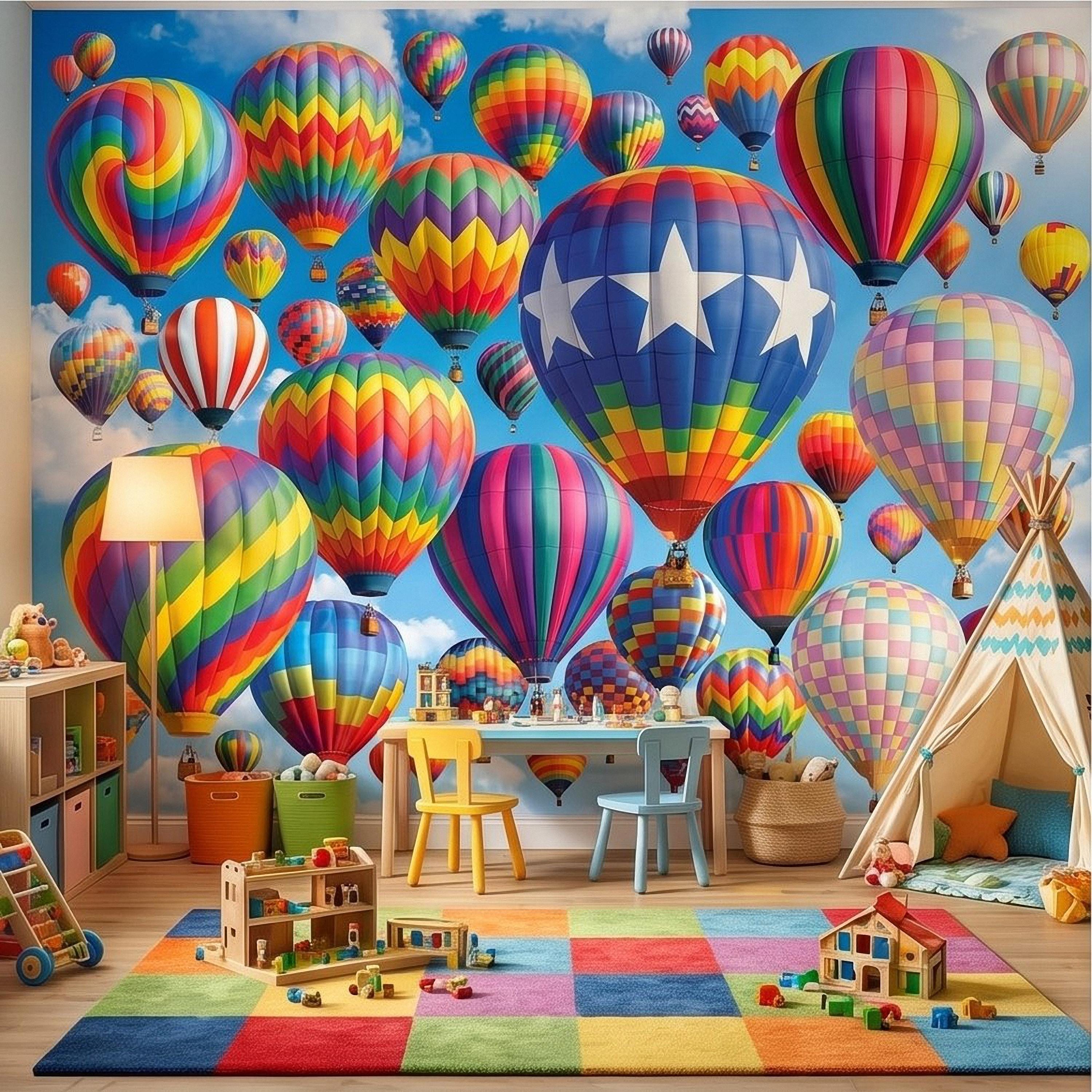Colorful Hot Air Balloon Peel and Stick Wall Mural, Bright Rainbow Sky Kids Room Nursery Decor Wallpaper