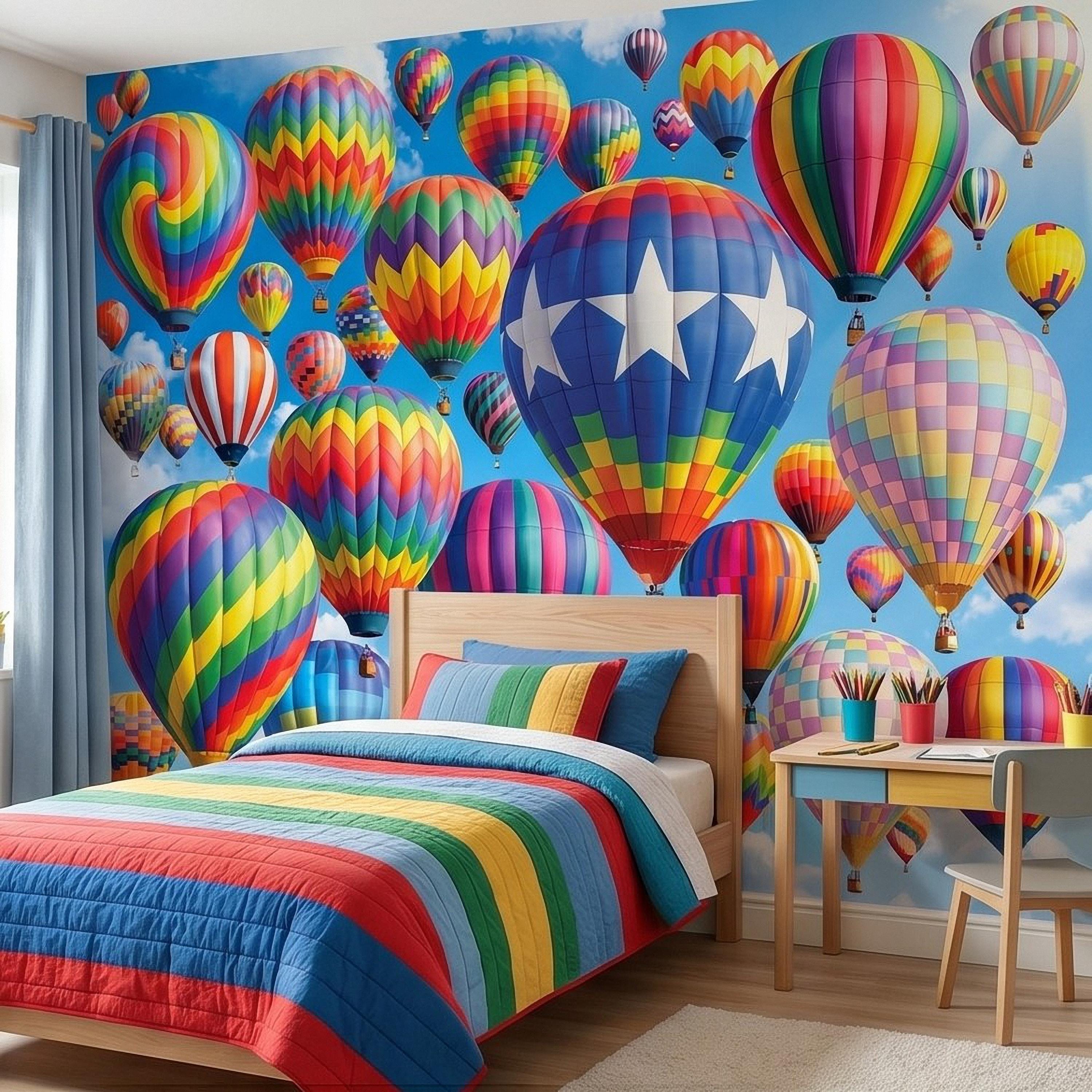 Colorful Hot Air Balloon Peel and Stick Wall Mural, Bright Rainbow Sky Kids Room Nursery Decor Wallpaper
