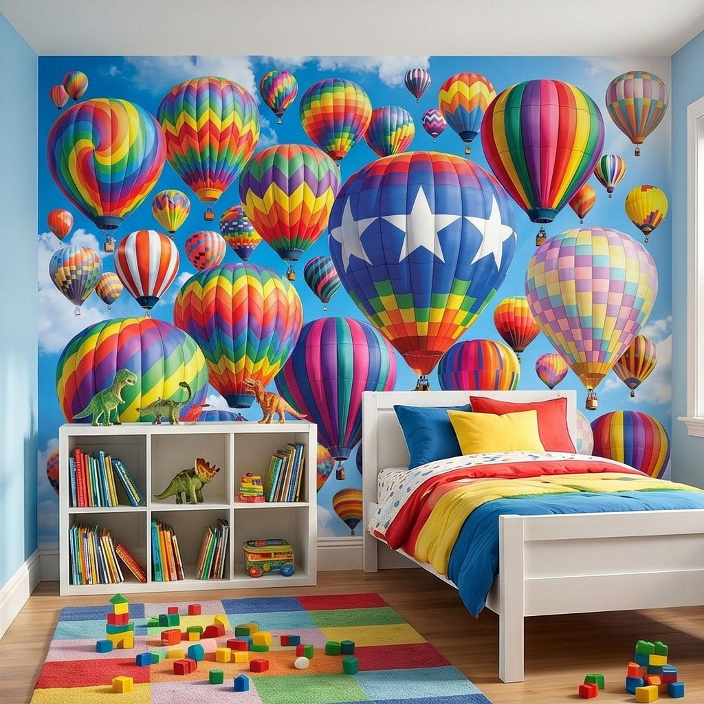 Colorful Hot Air Balloon Peel and Stick Wall Mural, Bright Rainbow Sky Kids Room Nursery Decor Wallpaper