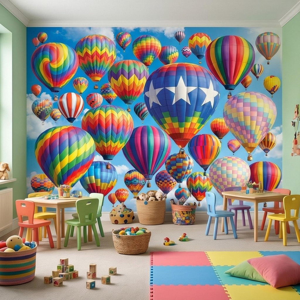 Colorful Hot Air Balloon Peel and Stick Wall Mural, Bright Rainbow Sky Kids Room Nursery Decor Wallpaper