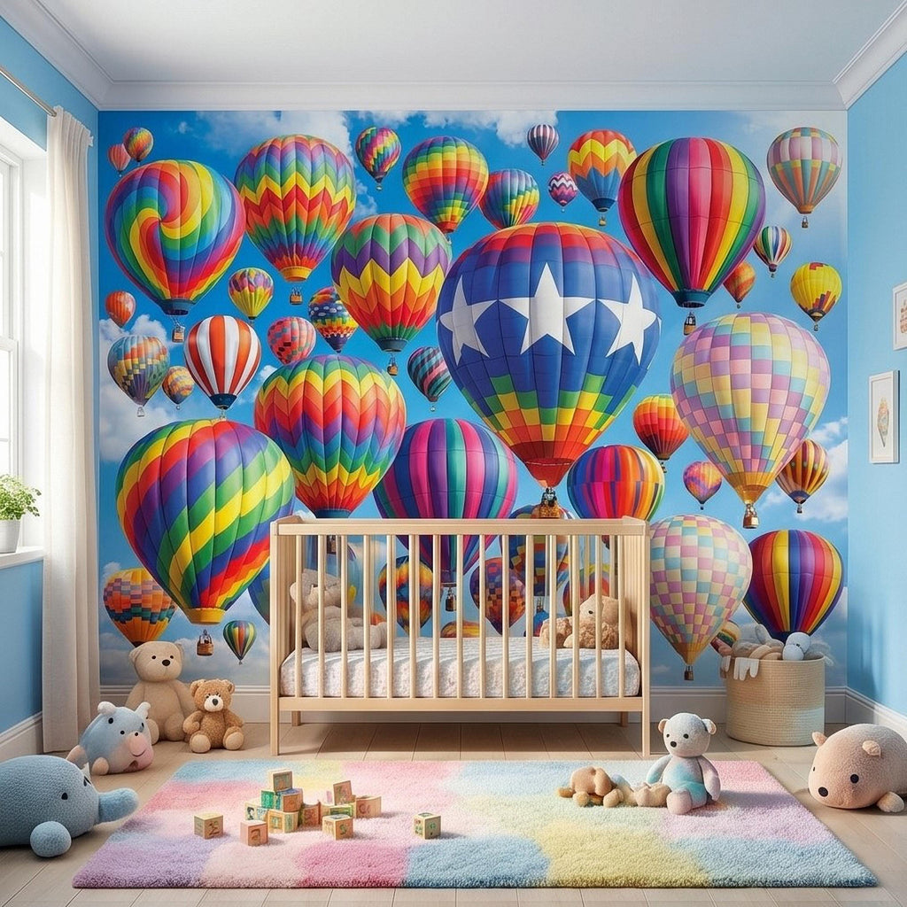 Colorful Hot Air Balloon Peel and Stick Wall Mural, Bright Rainbow Sky Kids Room Nursery Decor Wallpaper