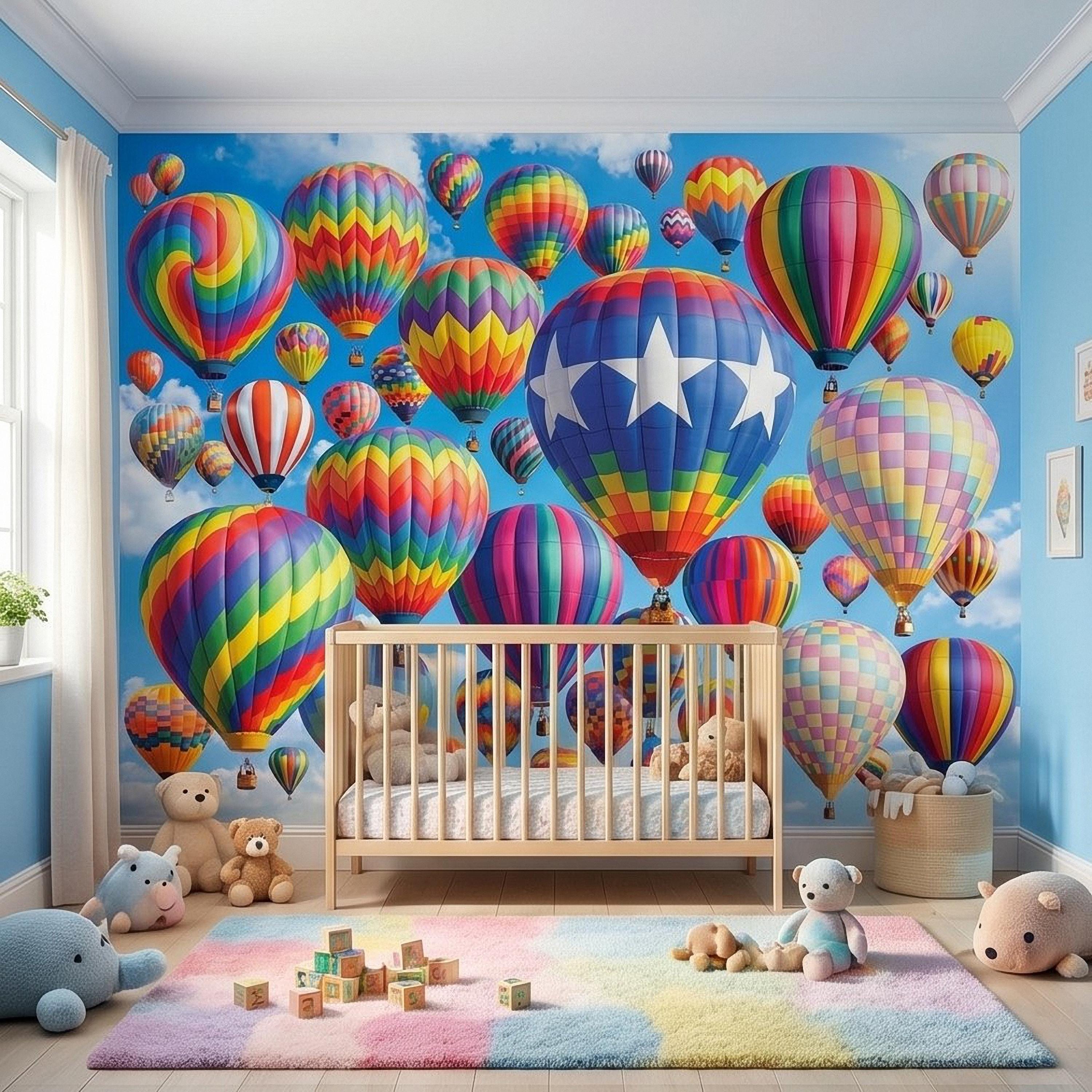 Colorful Hot Air Balloon Peel and Stick Wall Mural, Bright Rainbow Sky Kids Room Nursery Decor Wallpaper