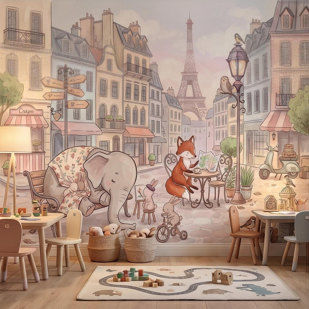 Watercolor Paris Peel and Stick Wall Mural, Cute Animal Friends by the Eiffel Tower, Charming French Street Scene Nursery Wallpaper