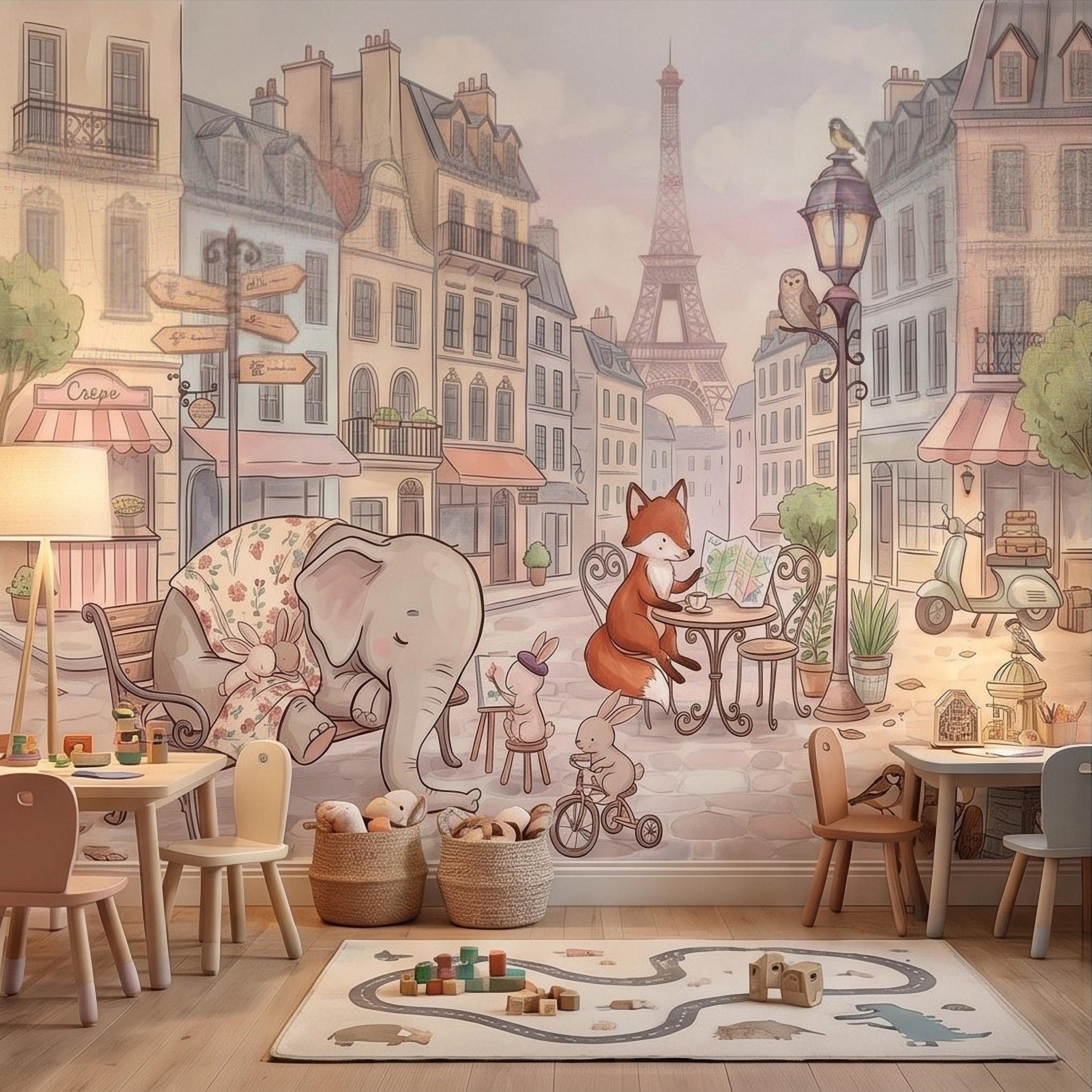 Watercolor Paris Peel and Stick Wall Mural, Cute Animal Friends by the Eiffel Tower, Charming French Street Scene Nursery Wallpaper