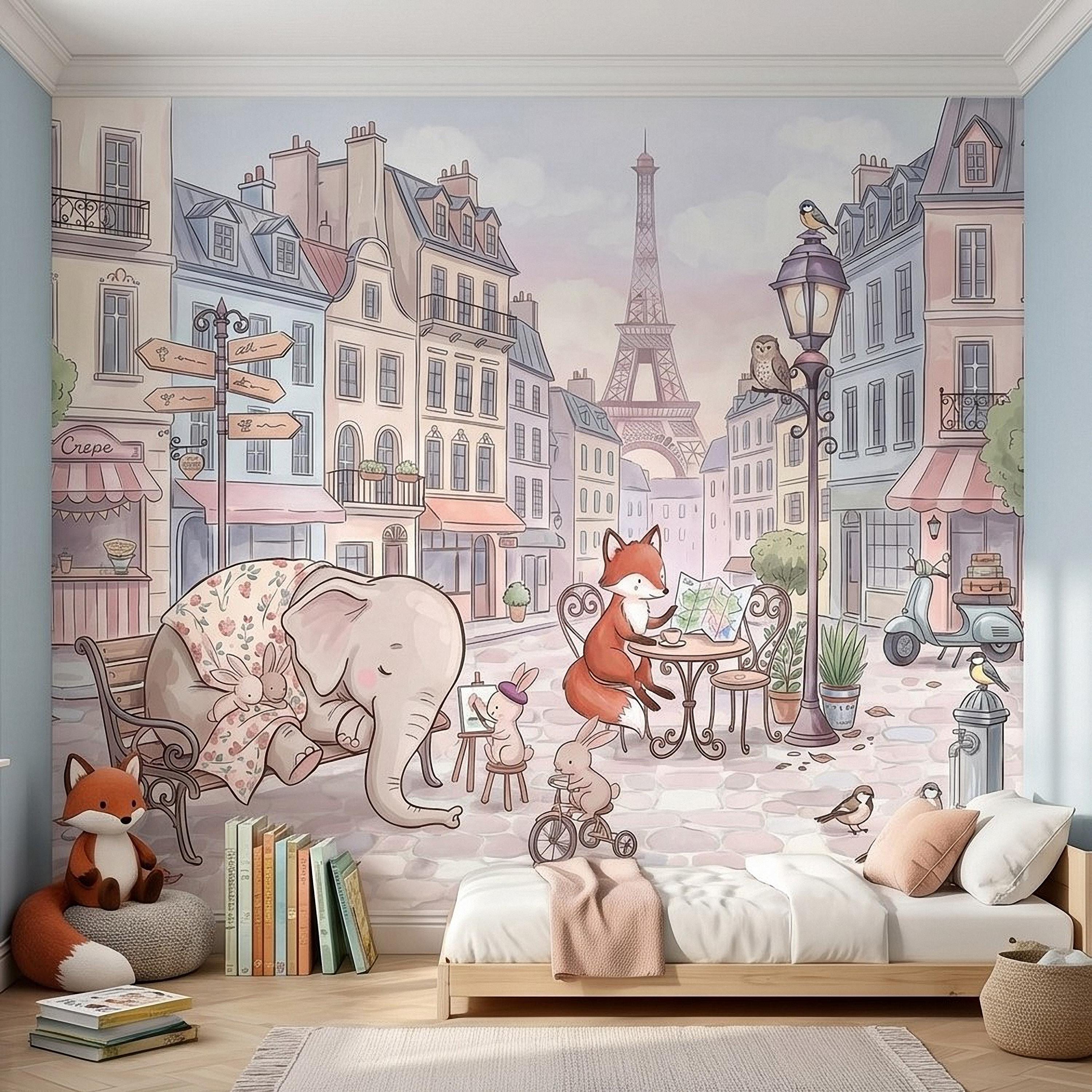 Watercolor Paris Peel and Stick Wall Mural, Cute Animal Friends by the Eiffel Tower, Charming French Street Scene Nursery Wallpaper