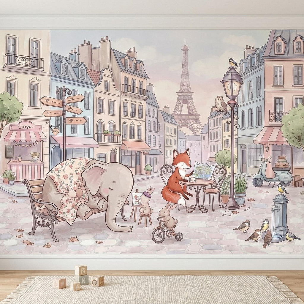 Watercolor Paris Peel and Stick Wall Mural, Cute Animal Friends by the Eiffel Tower, Charming French Street Scene Nursery Wallpaper