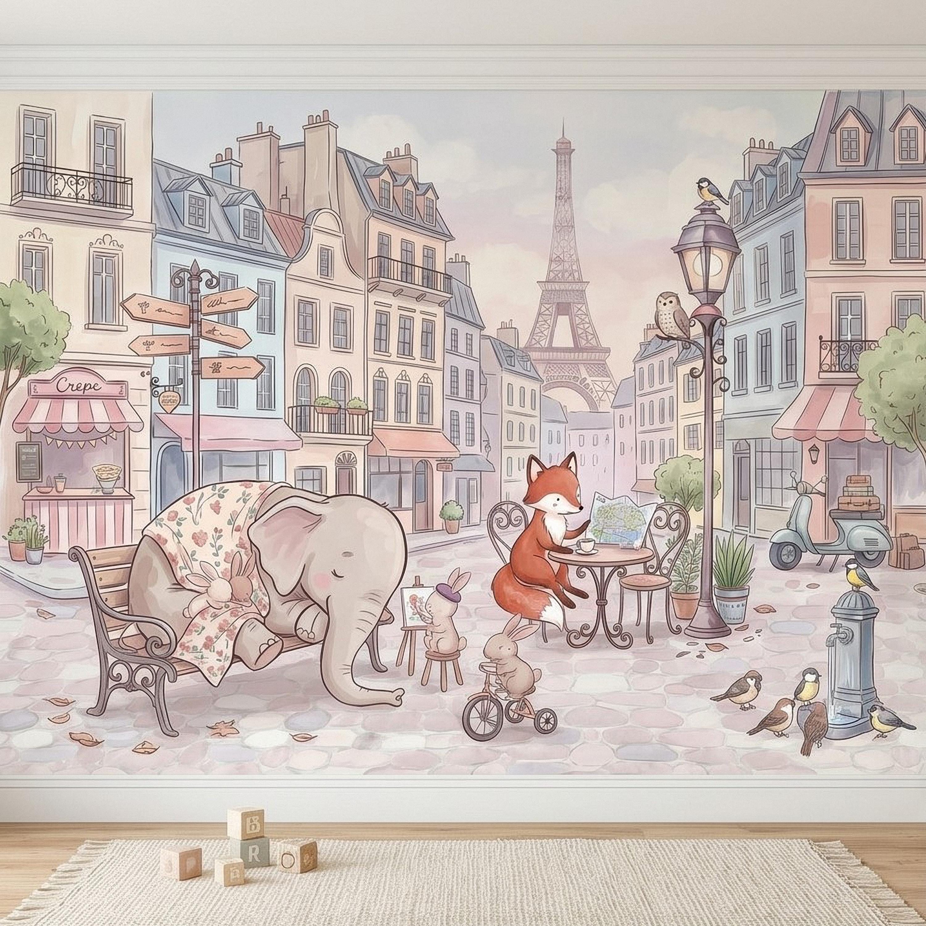 Watercolor Paris Peel and Stick Wall Mural, Cute Animal Friends by the Eiffel Tower, Charming French Street Scene Nursery Wallpaper