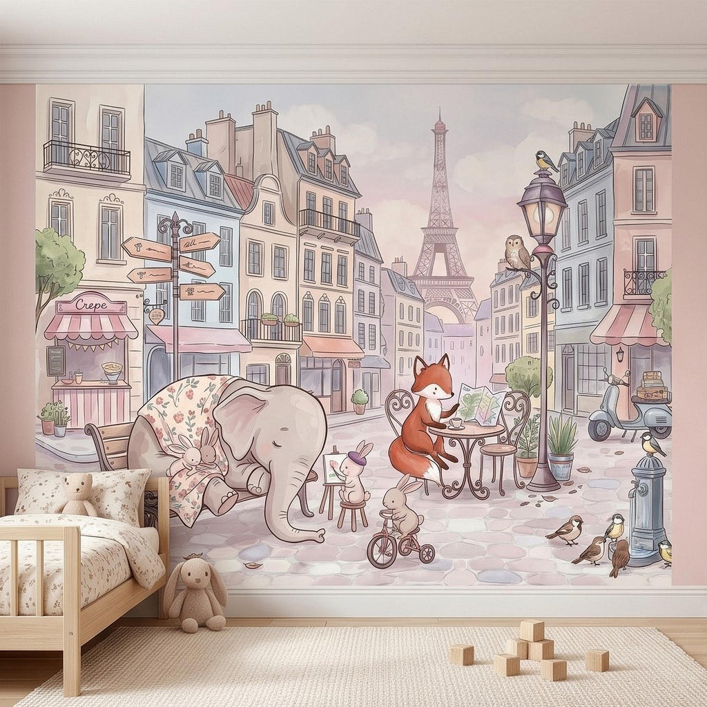 Watercolor Paris Peel and Stick Wall Mural, Cute Animal Friends by the Eiffel Tower, Charming French Street Scene Nursery Wallpaper