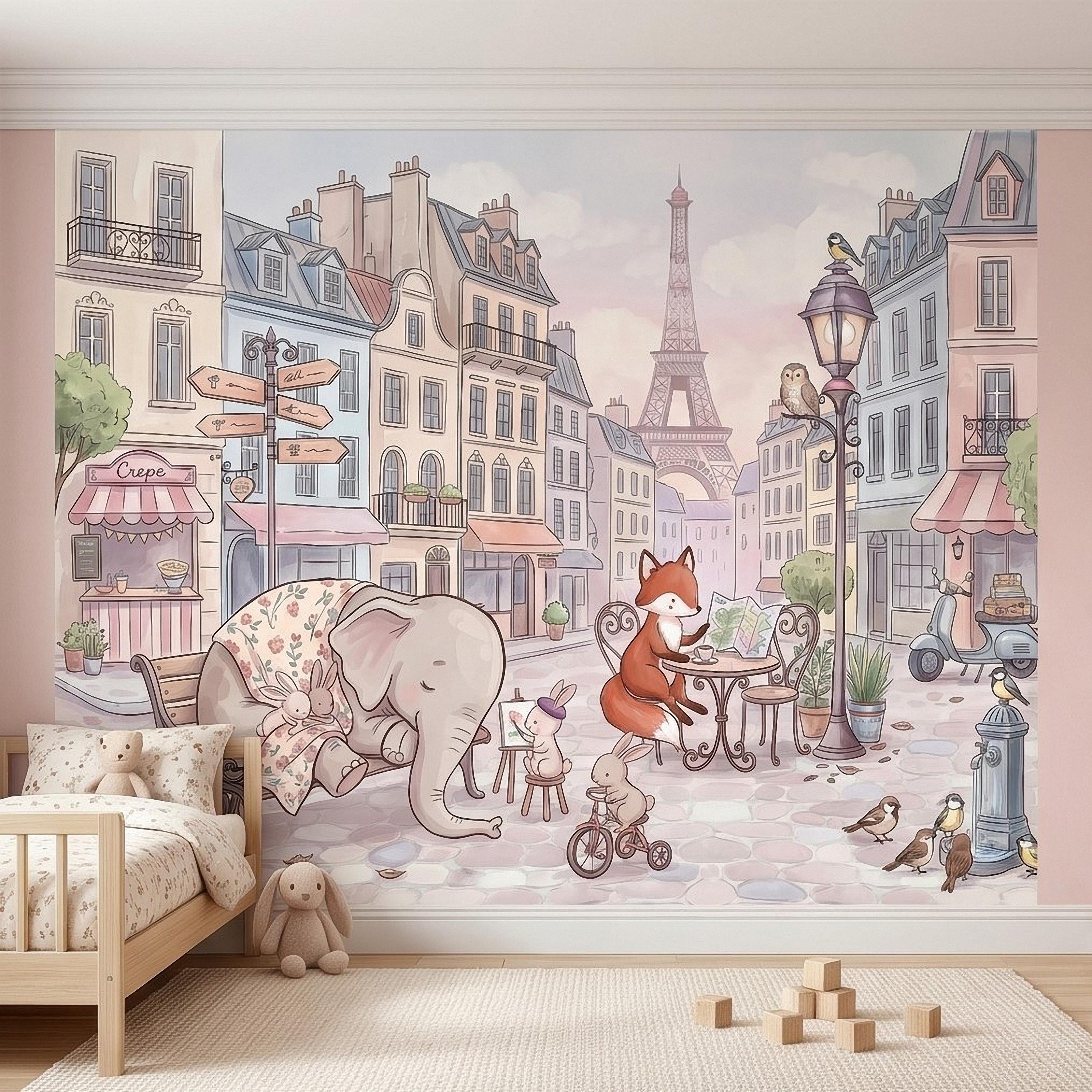 Watercolor Paris Peel and Stick Wall Mural, Cute Animal Friends by the Eiffel Tower, Charming French Street Scene Nursery Wallpaper