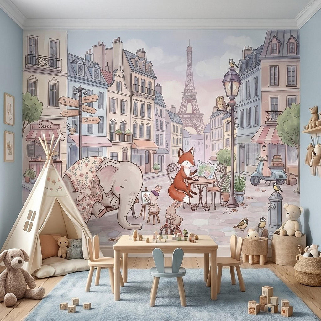 Watercolor Paris Peel and Stick Wall Mural, Cute Animal Friends by the Eiffel Tower, Charming French Street Scene Nursery Wallpaper