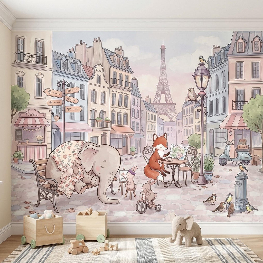Watercolor Paris Peel and Stick Wall Mural, Cute Animal Friends by the Eiffel Tower, Charming French Street Scene Nursery Wallpaper