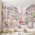 Watercolor Paris Peel and Stick Wall Mural, Cute Animal Friends by the Eiffel Tower, Charming French Street Scene Nursery Wallpaper