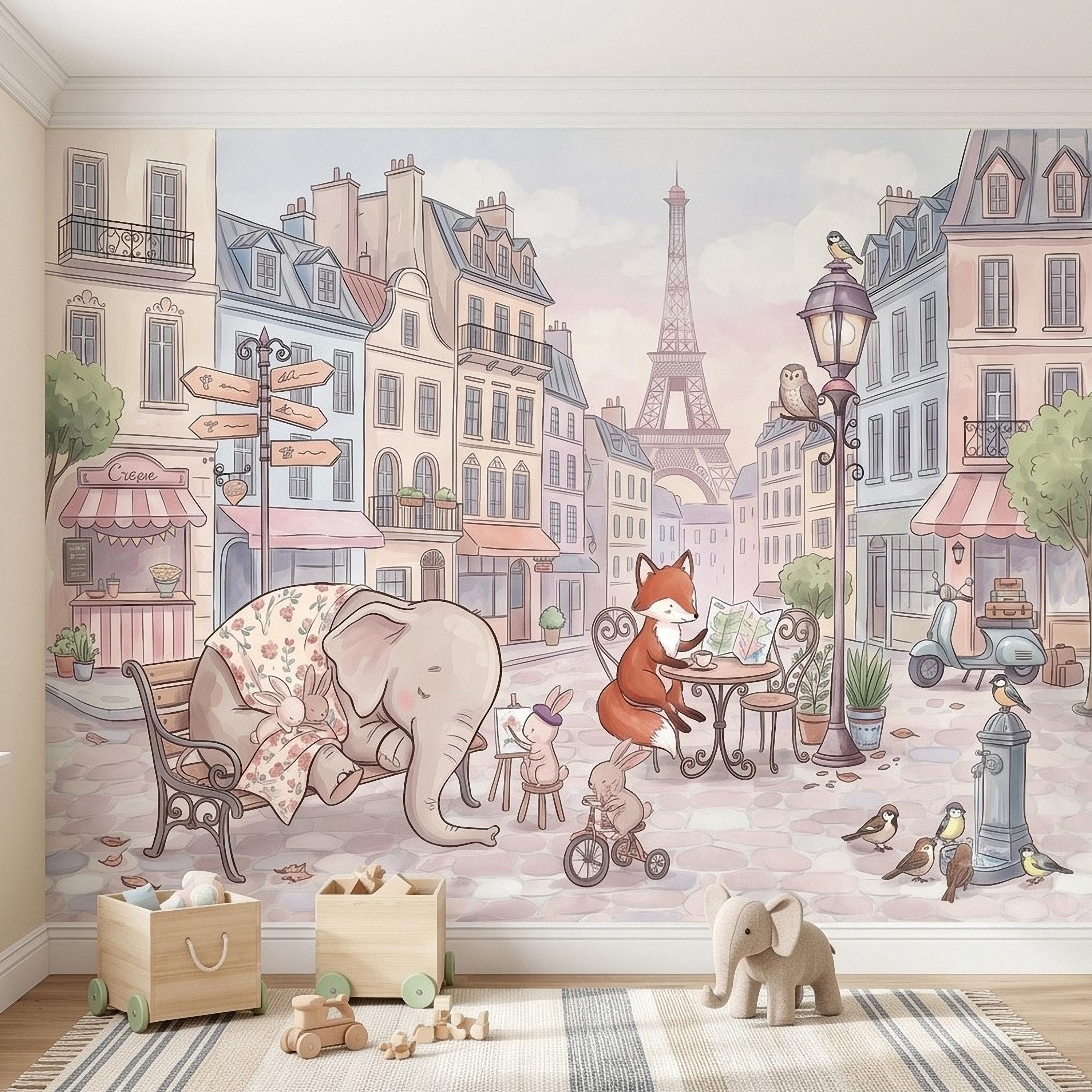 Watercolor Paris Peel and Stick Wall Mural, Cute Animal Friends by the Eiffel Tower, Charming French Street Scene Nursery Wallpaper